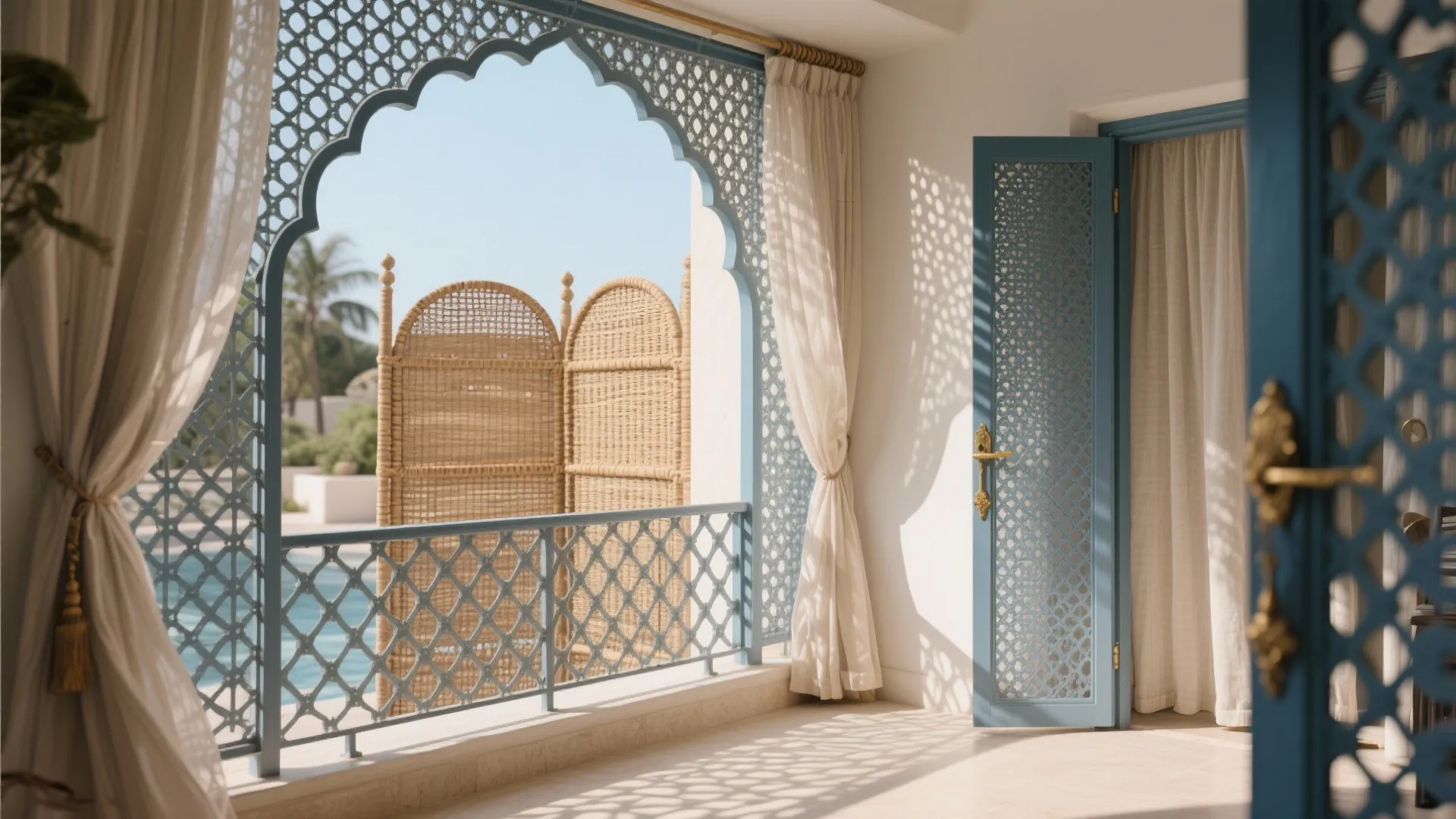 Balcony with arched perforated jaali, rattan screen, and sheer drapes in filtered sunlight.