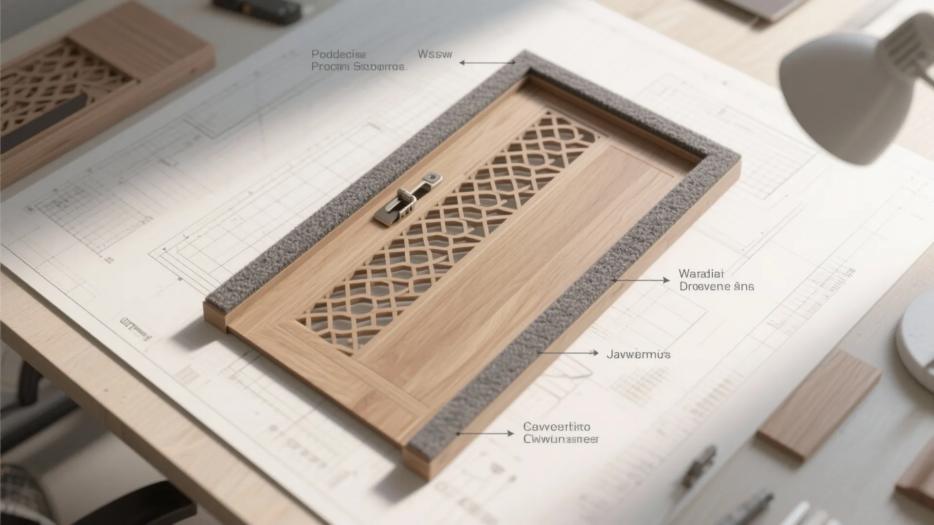 Wooden door sample with decorative lattice pattern placed on a desk with interior design drawing