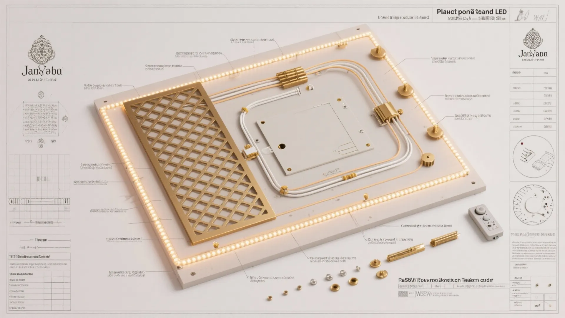 Interior design drawing of a ceiling panel showing LED lights and gold grid with labels