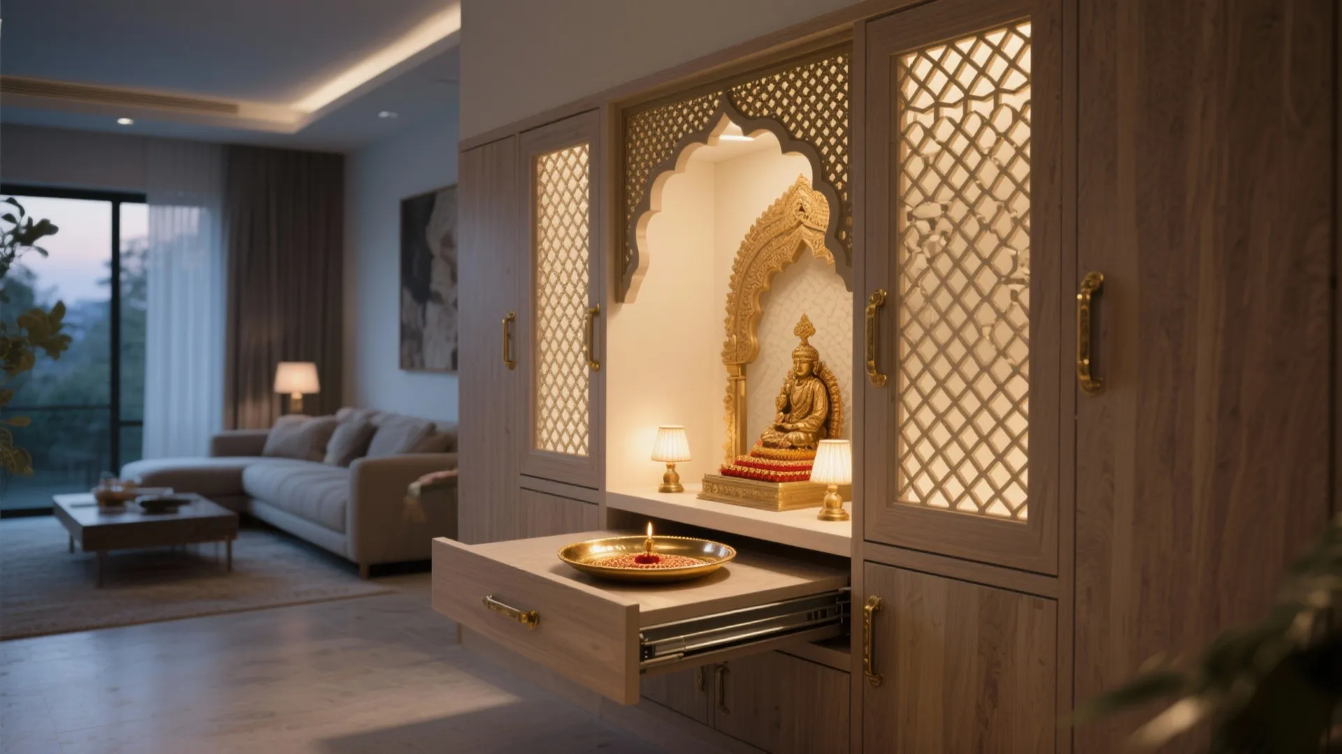 Jaali Doors with a Slide-Out Aarti Platform