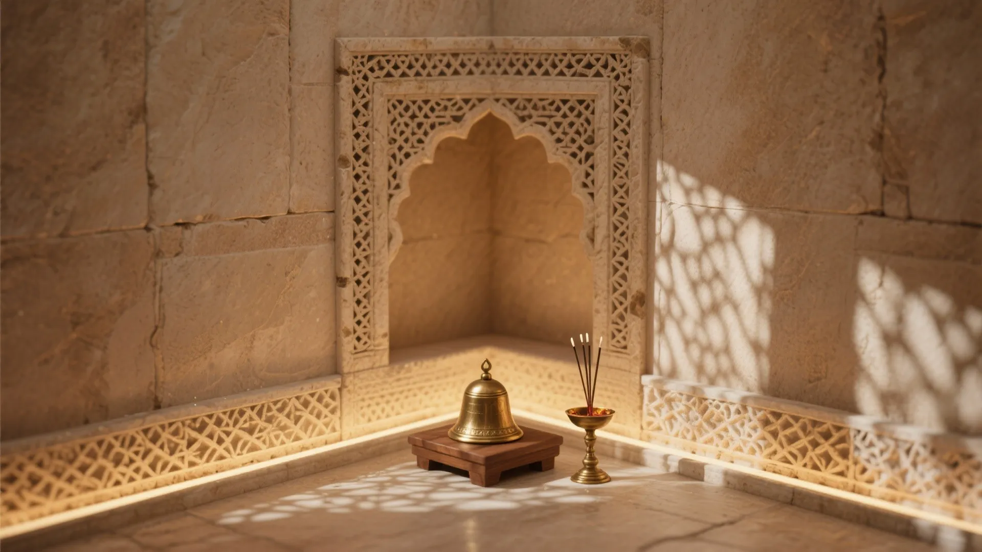 Carved stone wall opening with brass bell on wood stand and burning incense in soft light