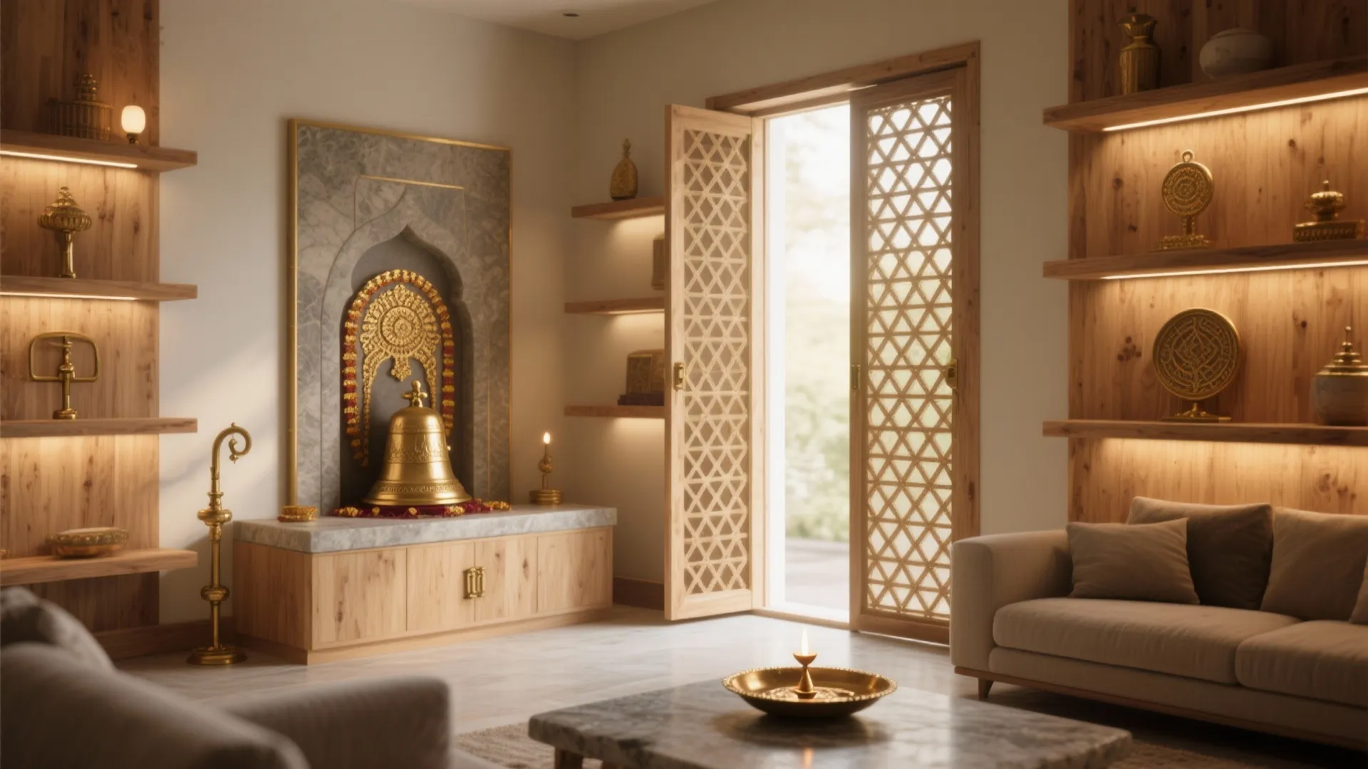 Warm Wood, Brass, and a Sliding Jaali Screen