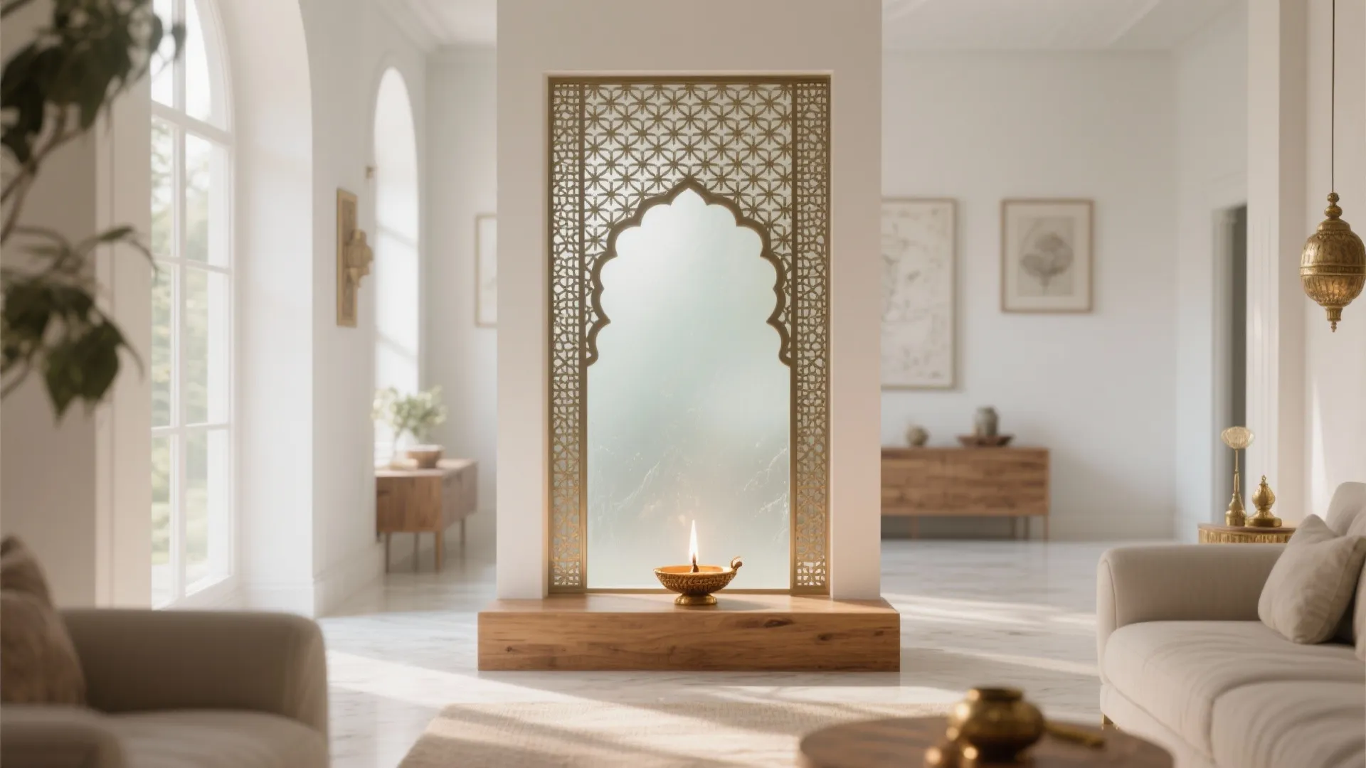 Modern white living room featuring a patterned gold screen divider with a small oil lamp