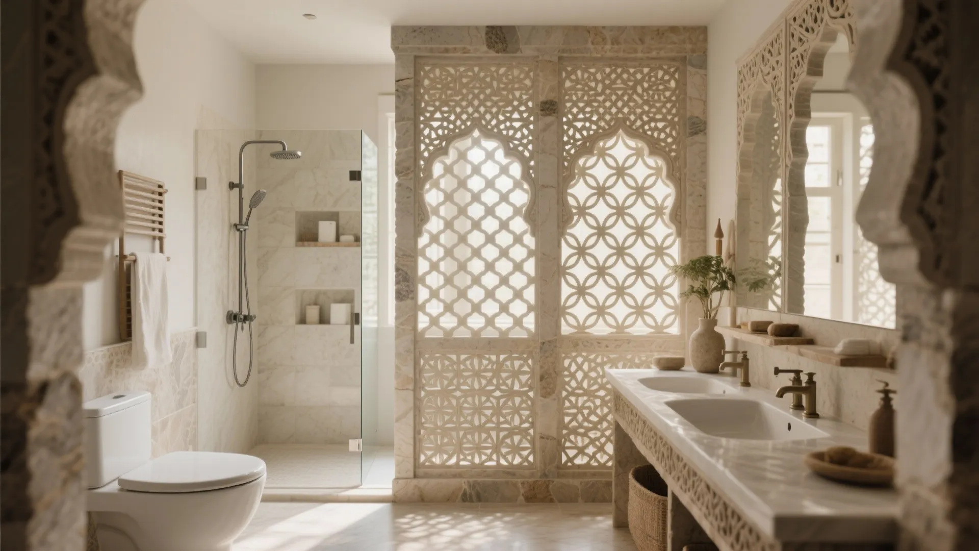 Luxury bathroom with carved wall panels glass shower door white toilet and marble double sink