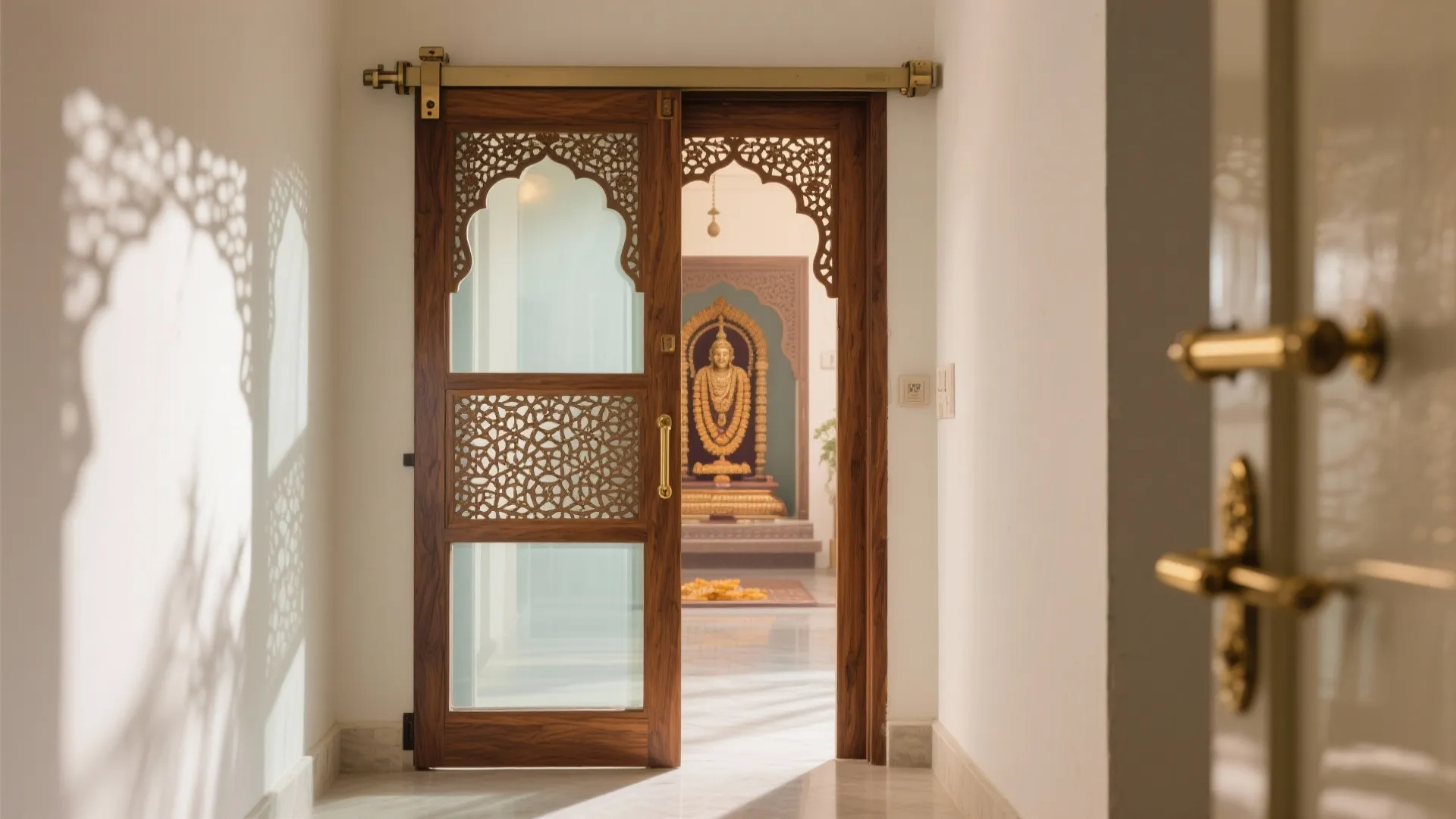 Carved wood sliding door with glass panels opening to a traditional room with gold statue