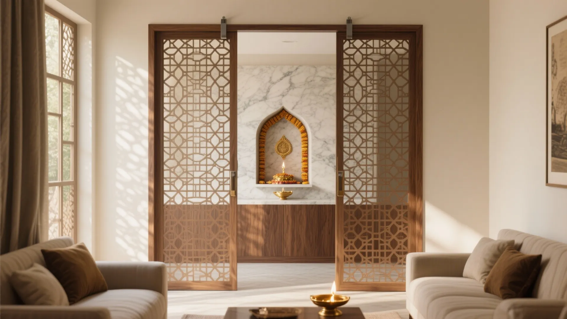 Living room view through decorative wooden sliding doors to a marble prayer area with gold accents