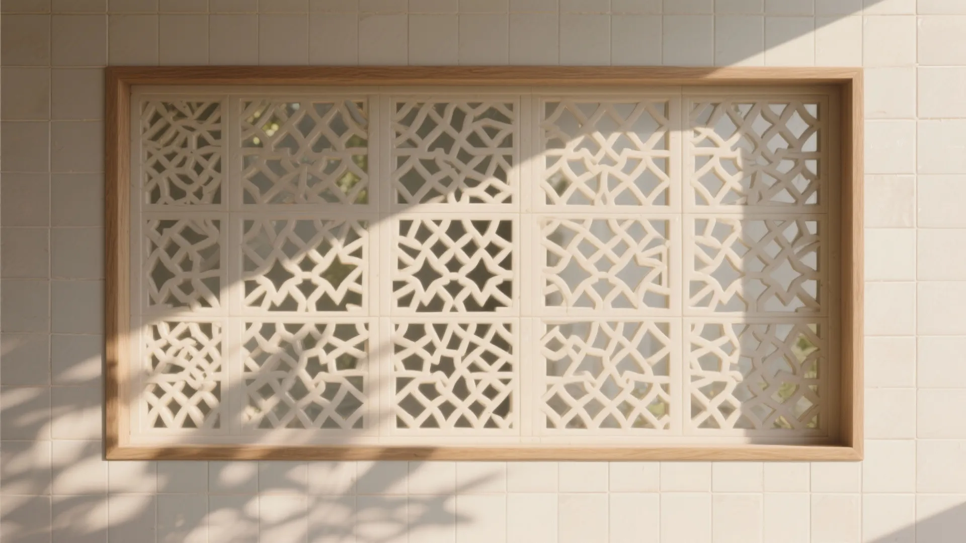 White tiled wall featuring wooden frame with patterned decorative panels and sunlight casting soft shadows