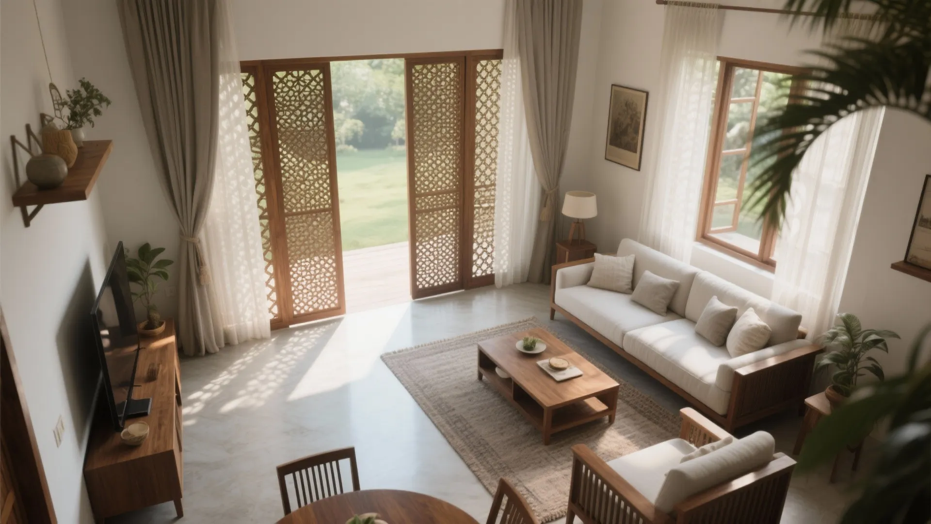 Modern bright living room with white sofa wooden coffee table patterned doors and large garden windows