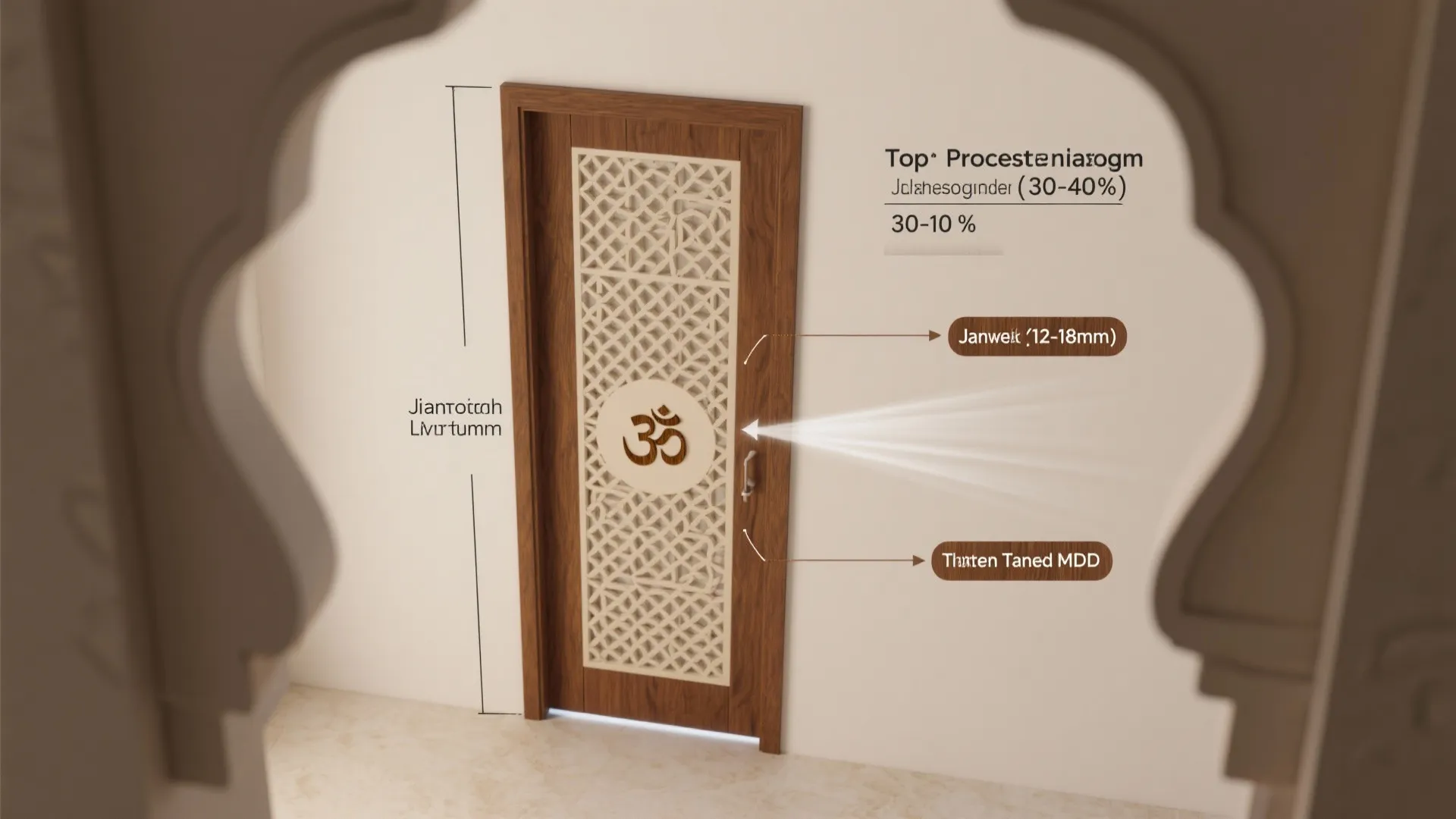 Wooden door with white pattern design and om symbol showing technical measurements and interior details