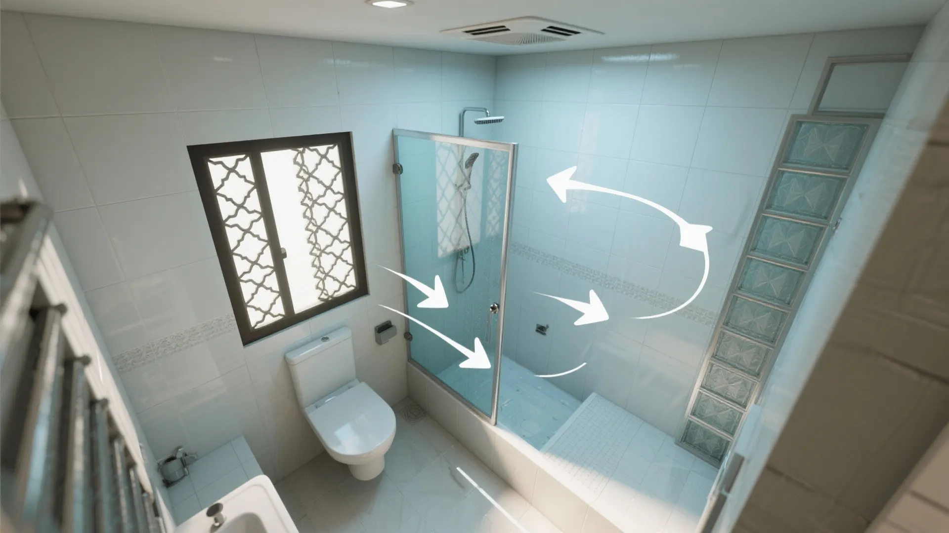 White bathroom interior design drawing with glass shower door toilet and arrows showing air flow