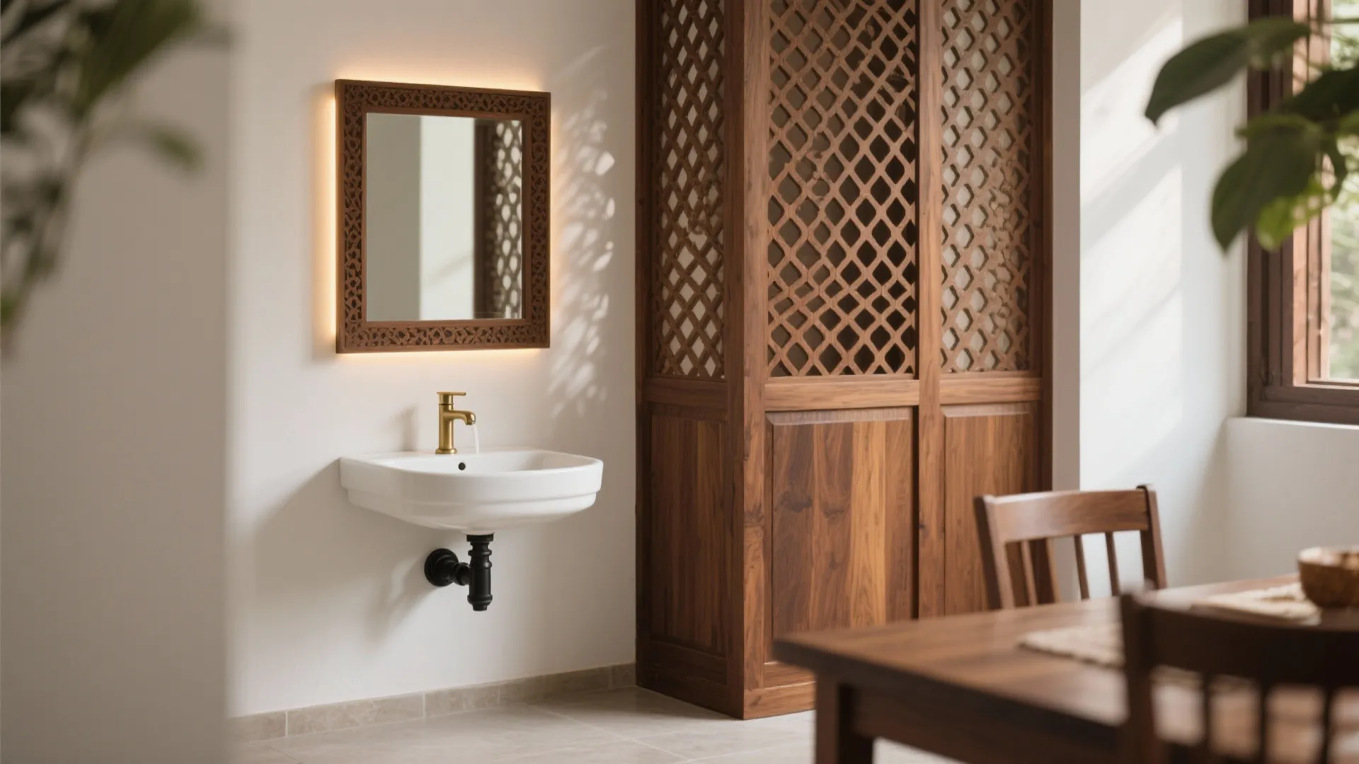 White wall wash basin with gold faucet below wooden mirror next to carved wood cabinet