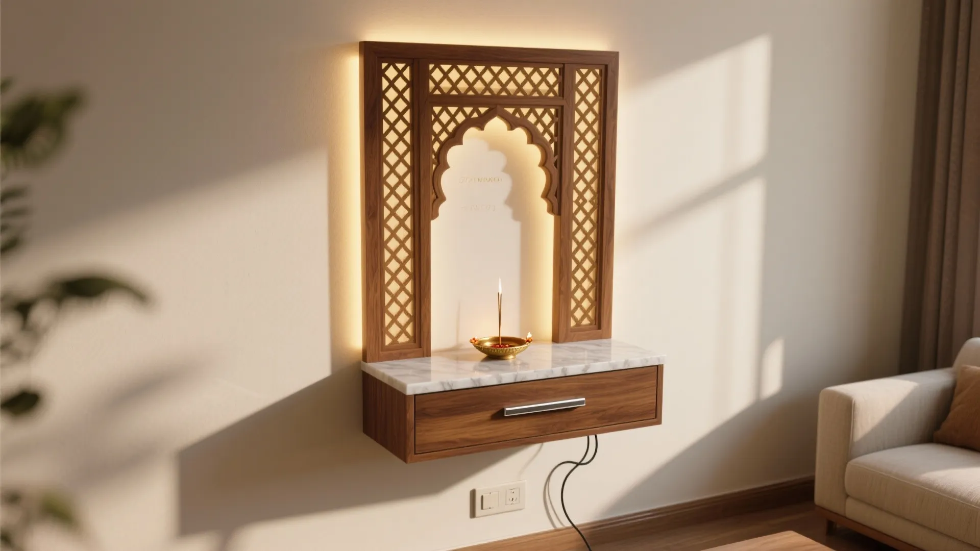 Wall-Mounted Jaali Mandir with Subtle Backlighting
