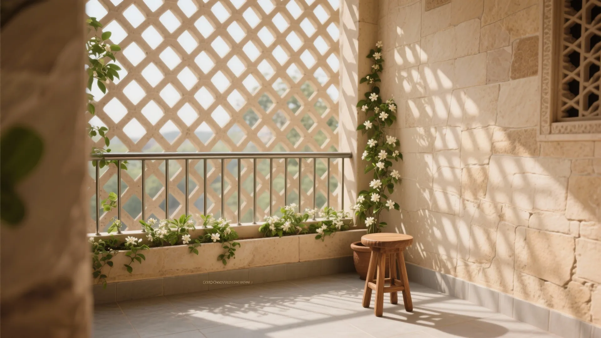 Sunlit balcony featuring a wooden stool, white flowers, stone wall, and decorative lattice screen design