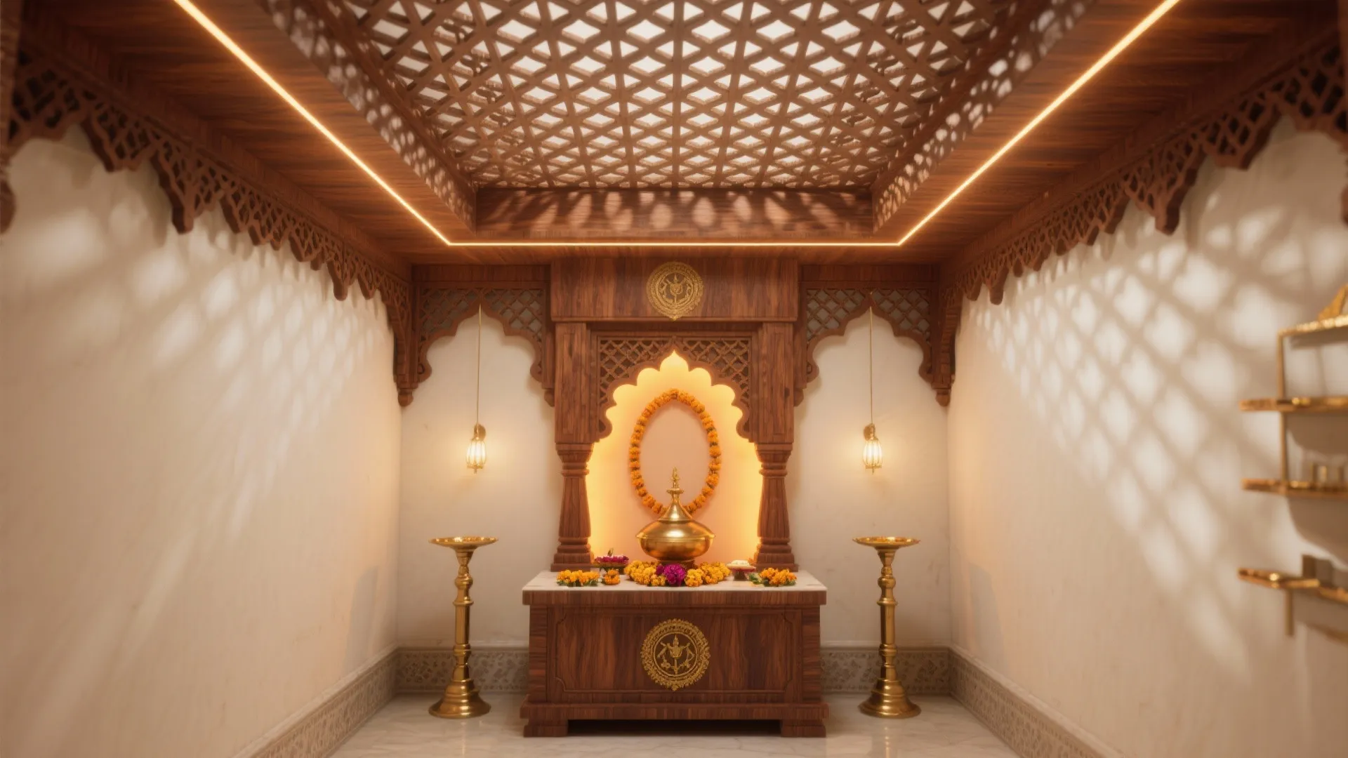 Backlit Wooden Jaali Ceiling That Glows