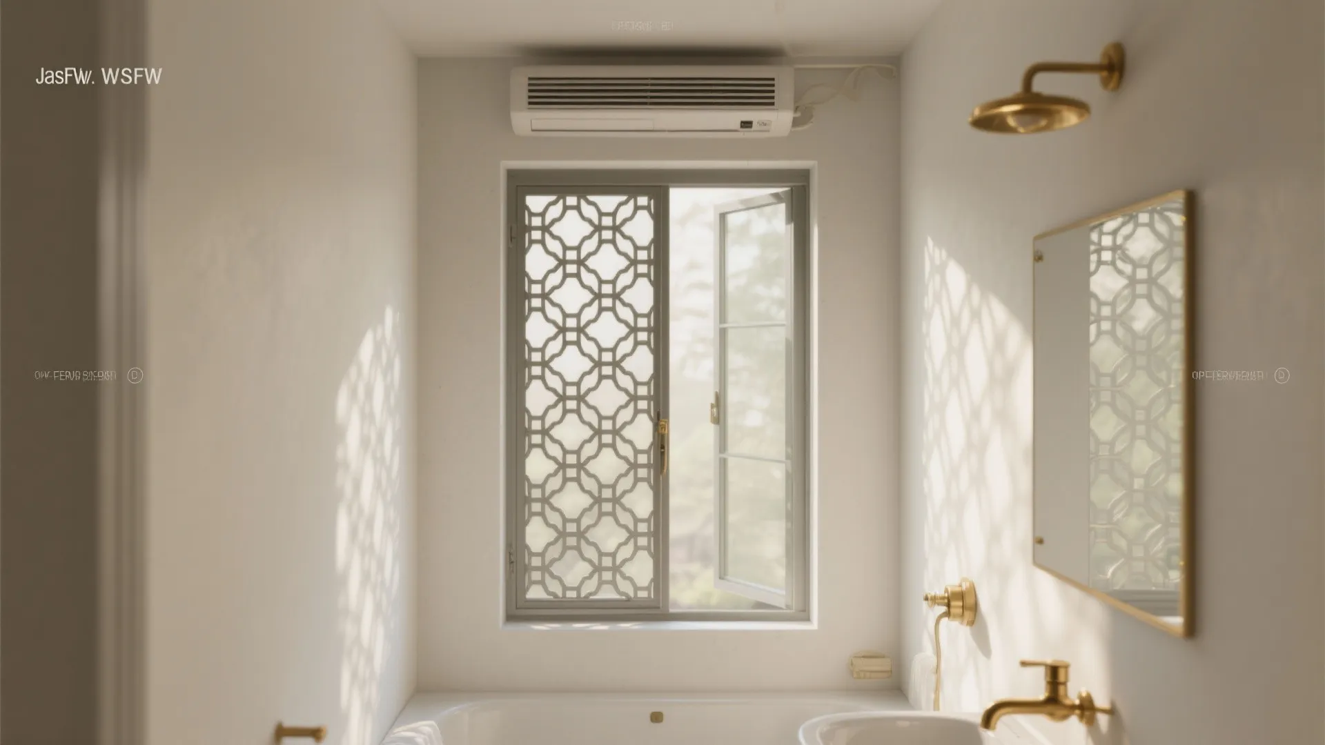 Bright bathroom with open white window gold light fixture and mirror above a white bathtub