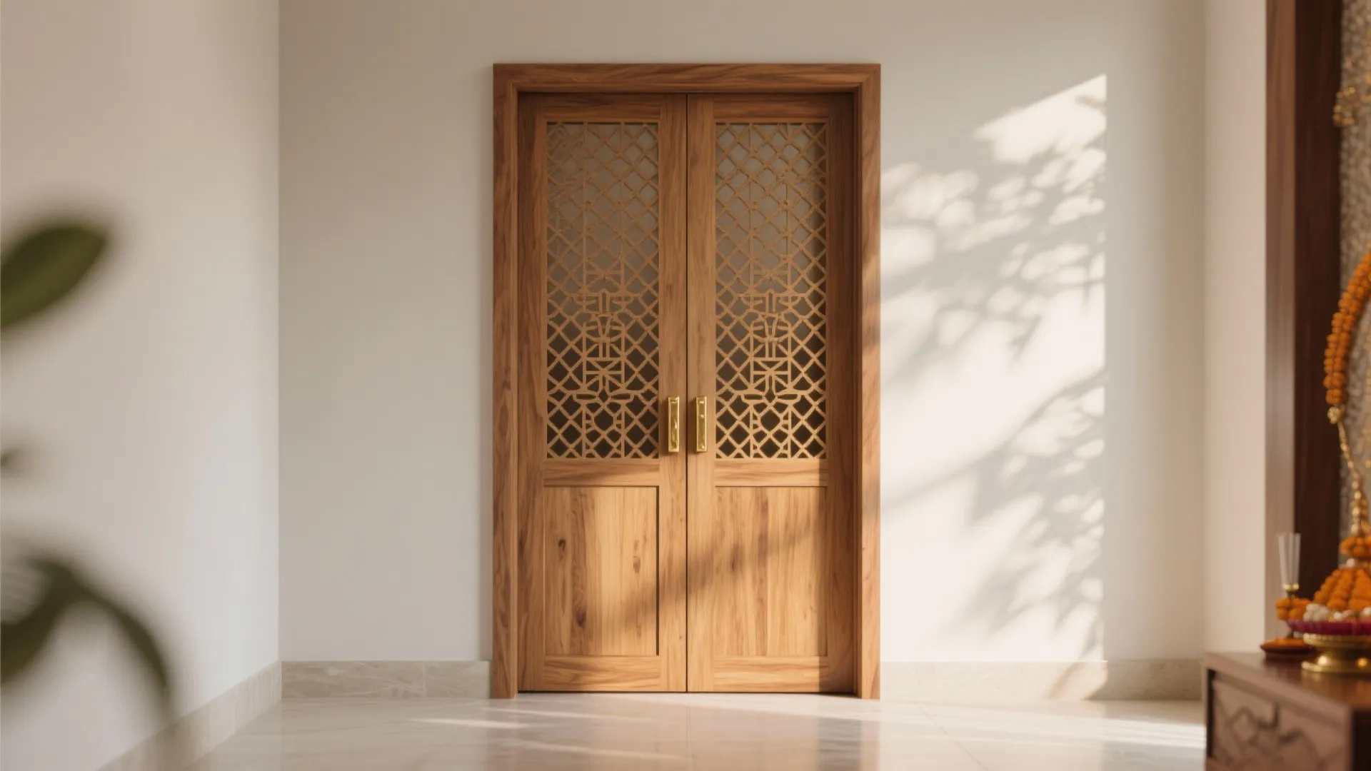 Double wooden doors with decorative lattice patterns set in a white wall with soft shadows
