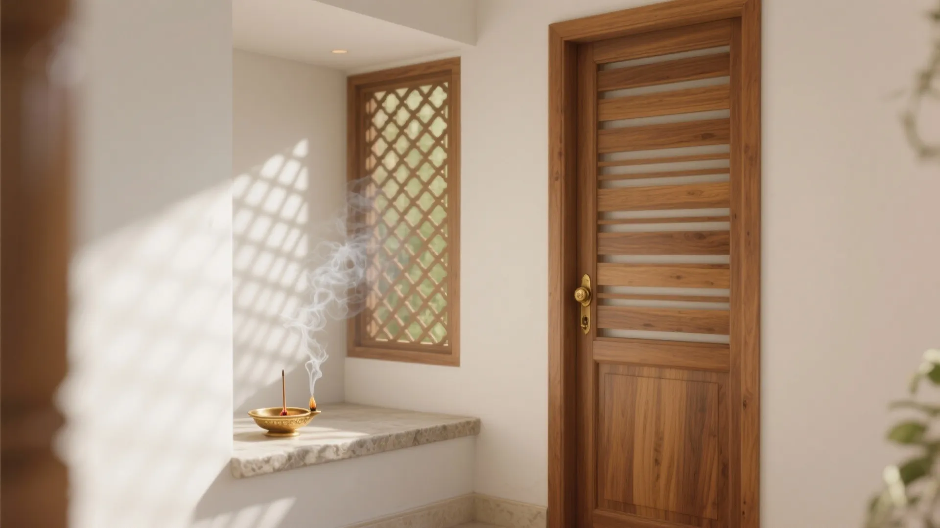 Wooden door with horizontal slats near a lattice window and smoking incense on stone ledge