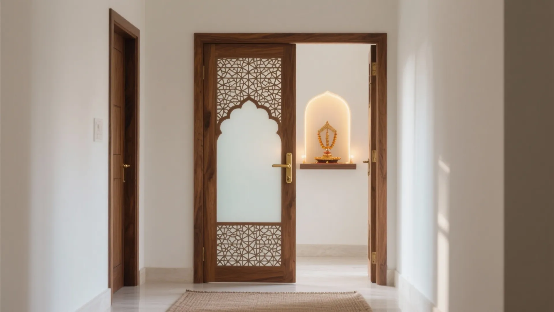 Traditional wooden door with decorative cutout patterns opening to a small prayer room with lighting