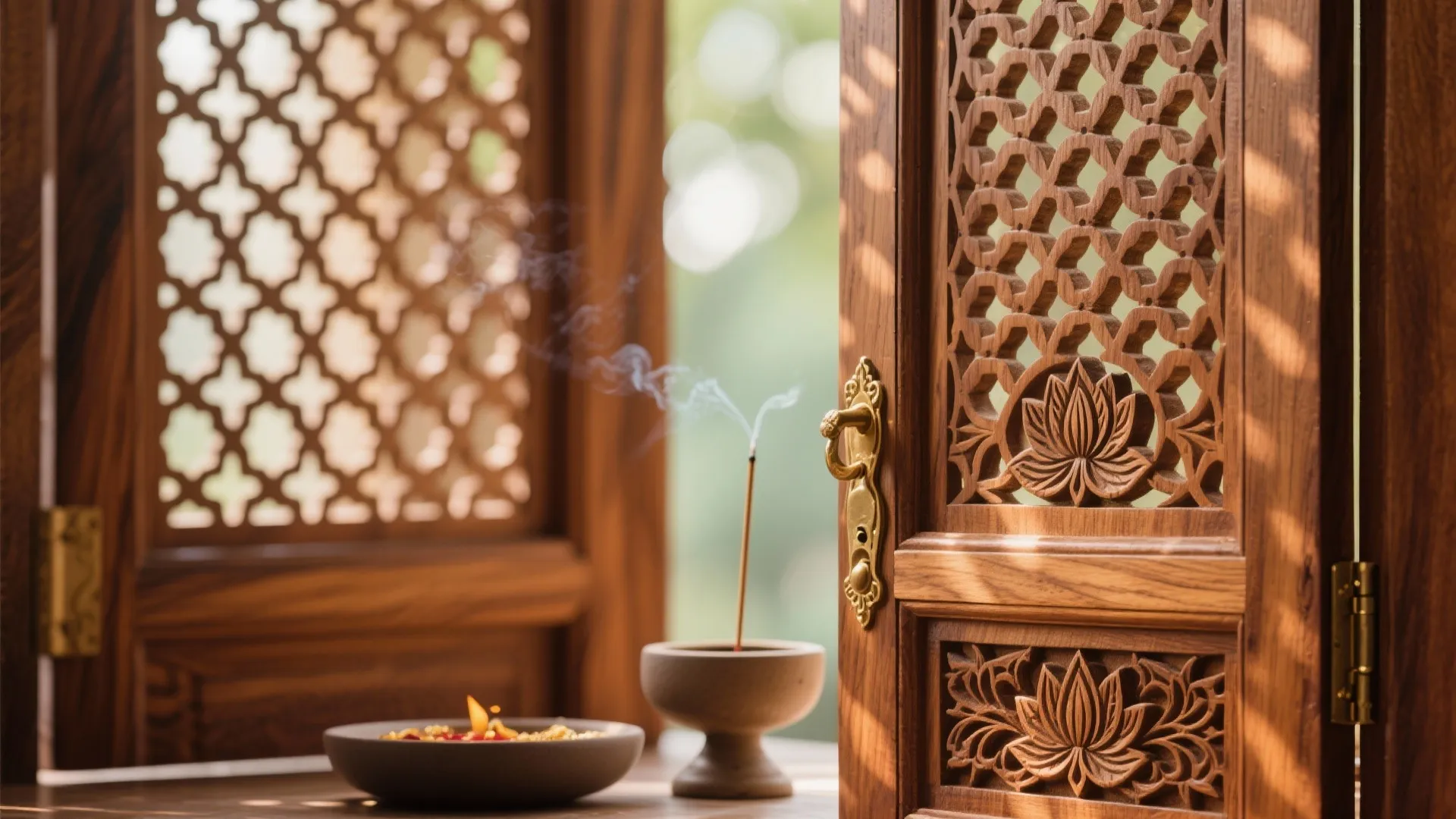 Carved wooden door with floral patterns and burning incense sticks on a table in sunlight