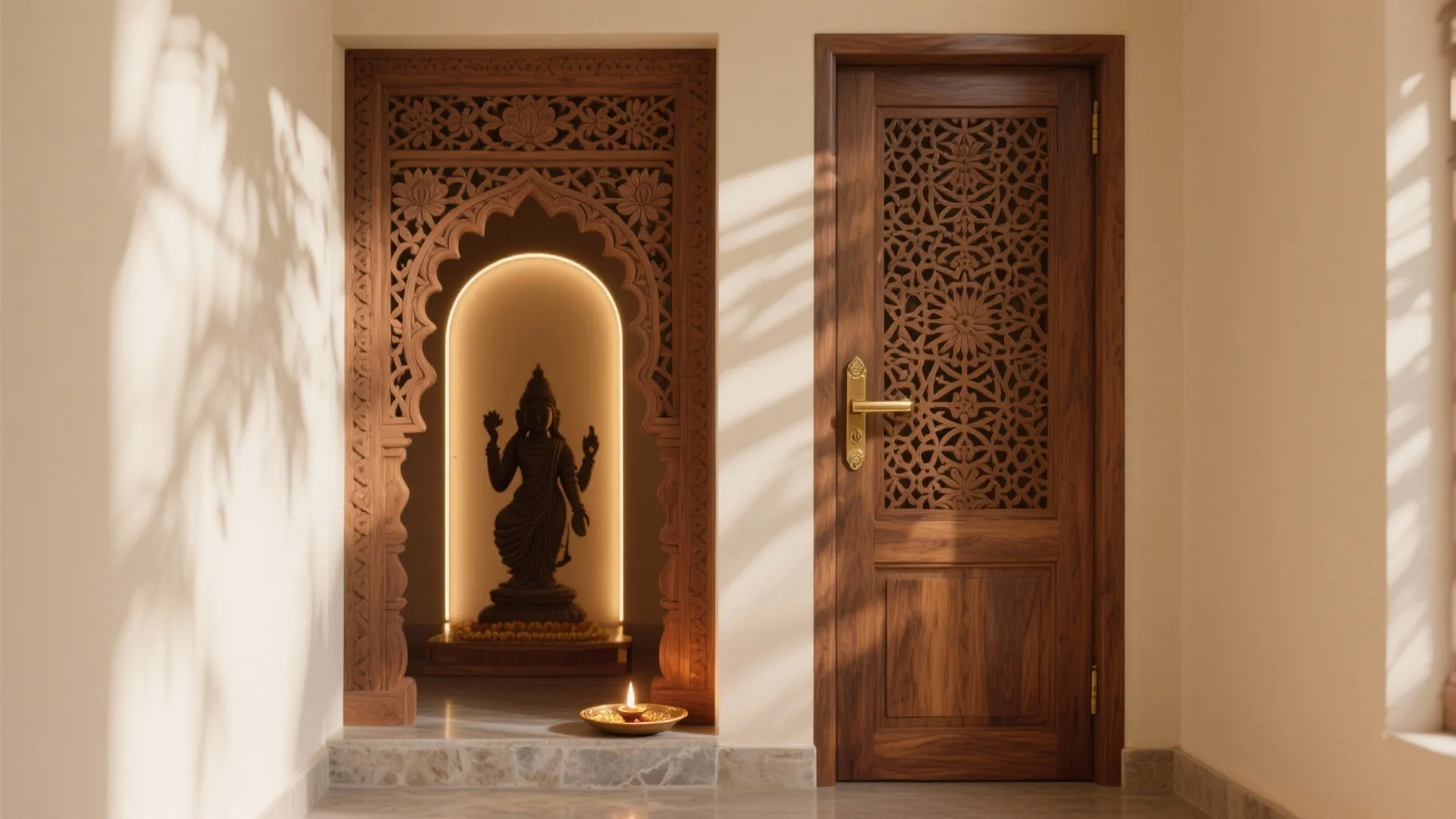 Hand-carved teak pooja door with jaali panels casting patterned light.