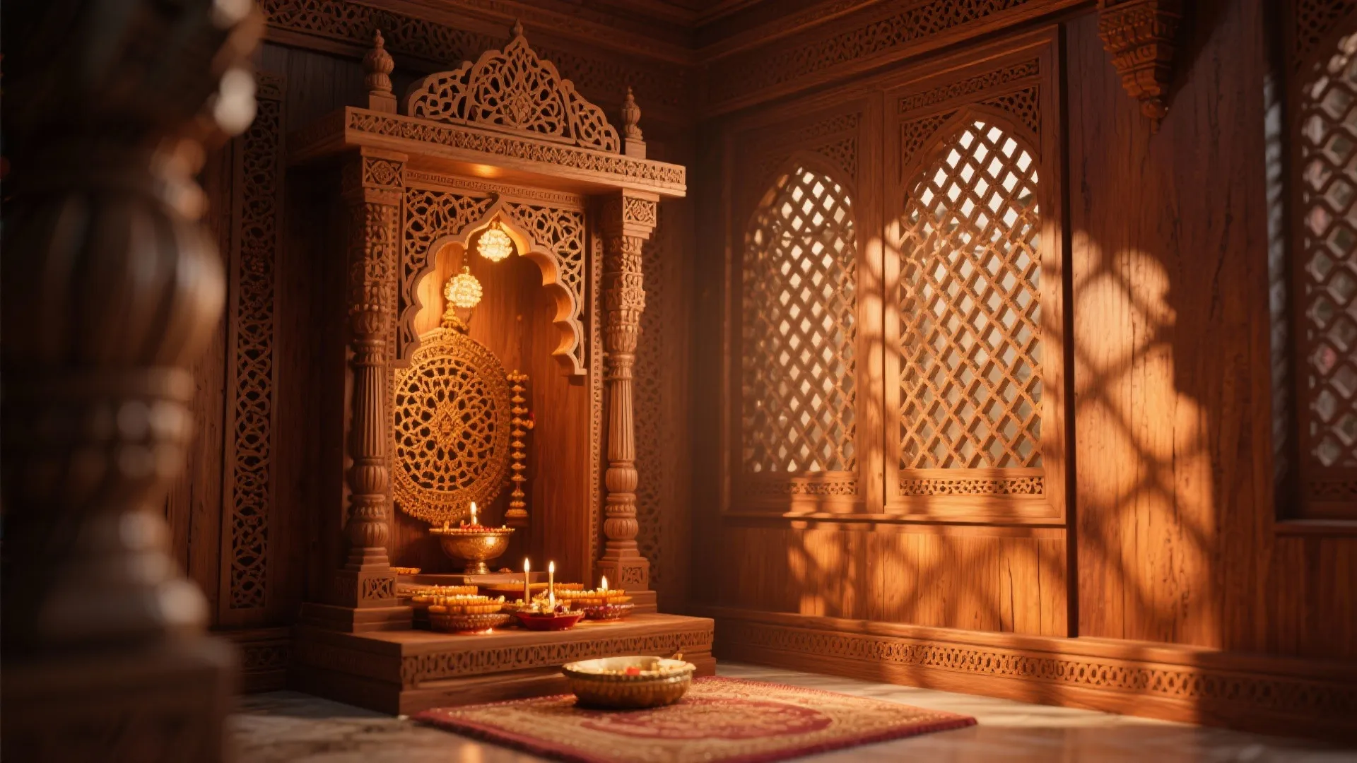 Carved wood prayer room with decorative wall panels and candles in warm natural sunlight from windows