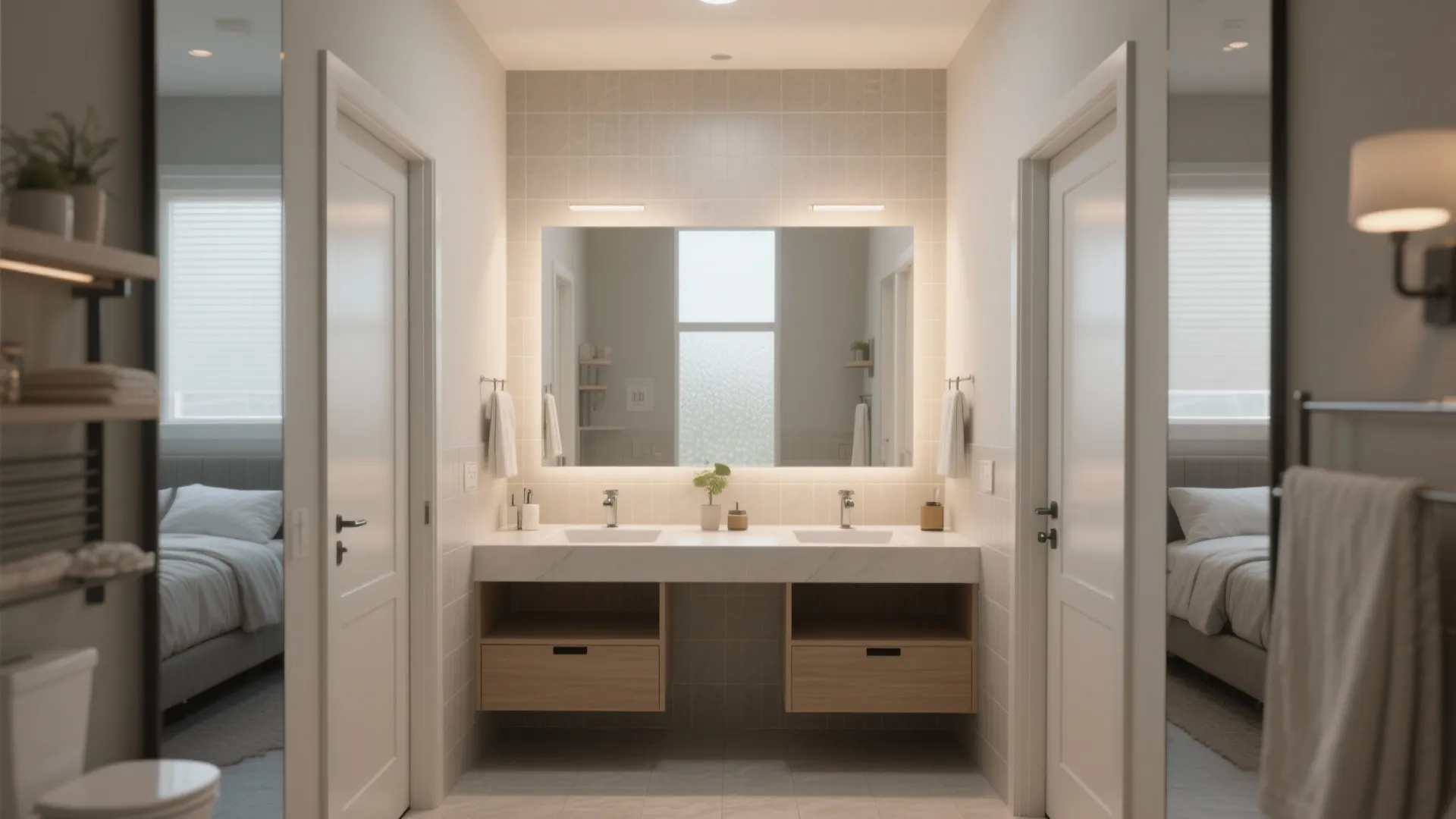 Modern bathroom with double sink cabinet large mirror and two white doors leading to bedrooms