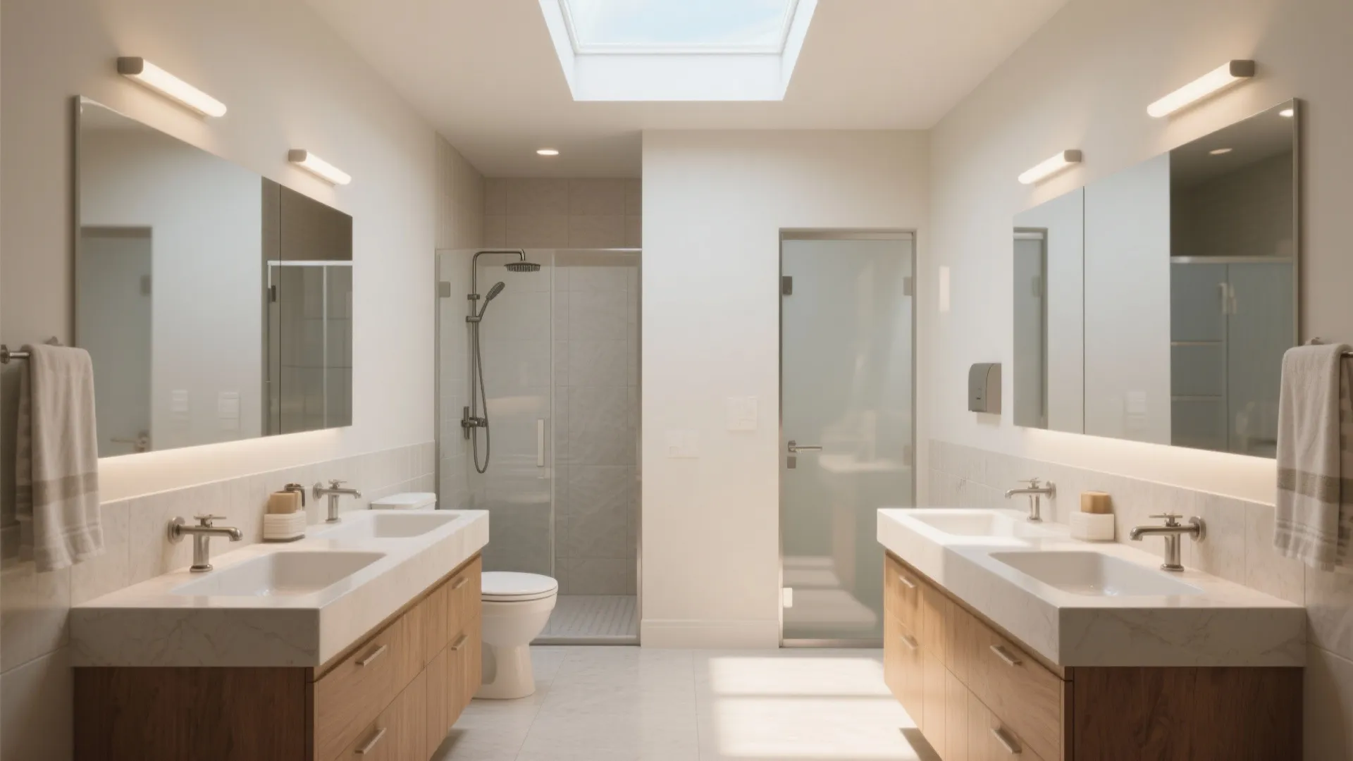 Jack-and-Jill bathroom with double sinks, separate shower, and a toilet cubicle between two bedrooms.