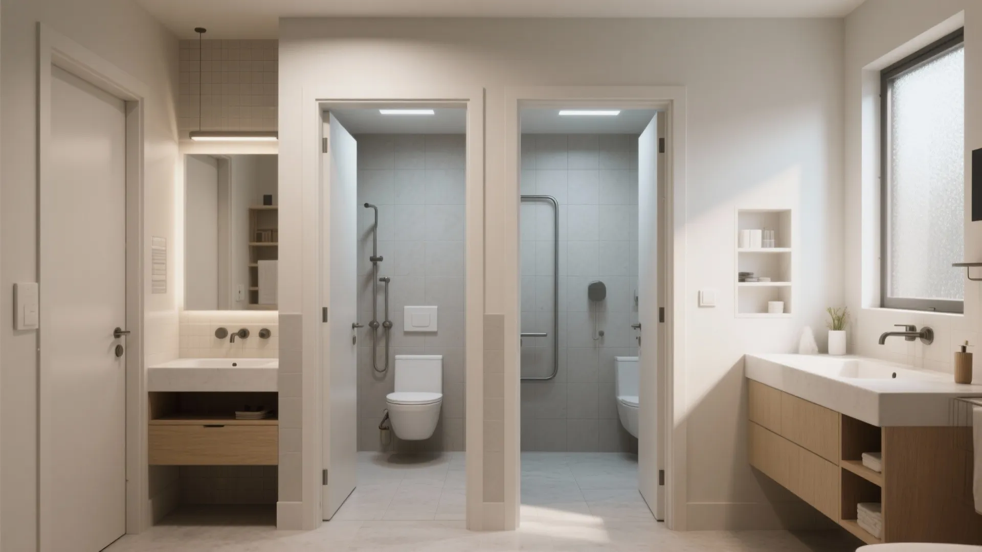Double sink bathroom design with two separate toilet rooms and bright white tiles and wood