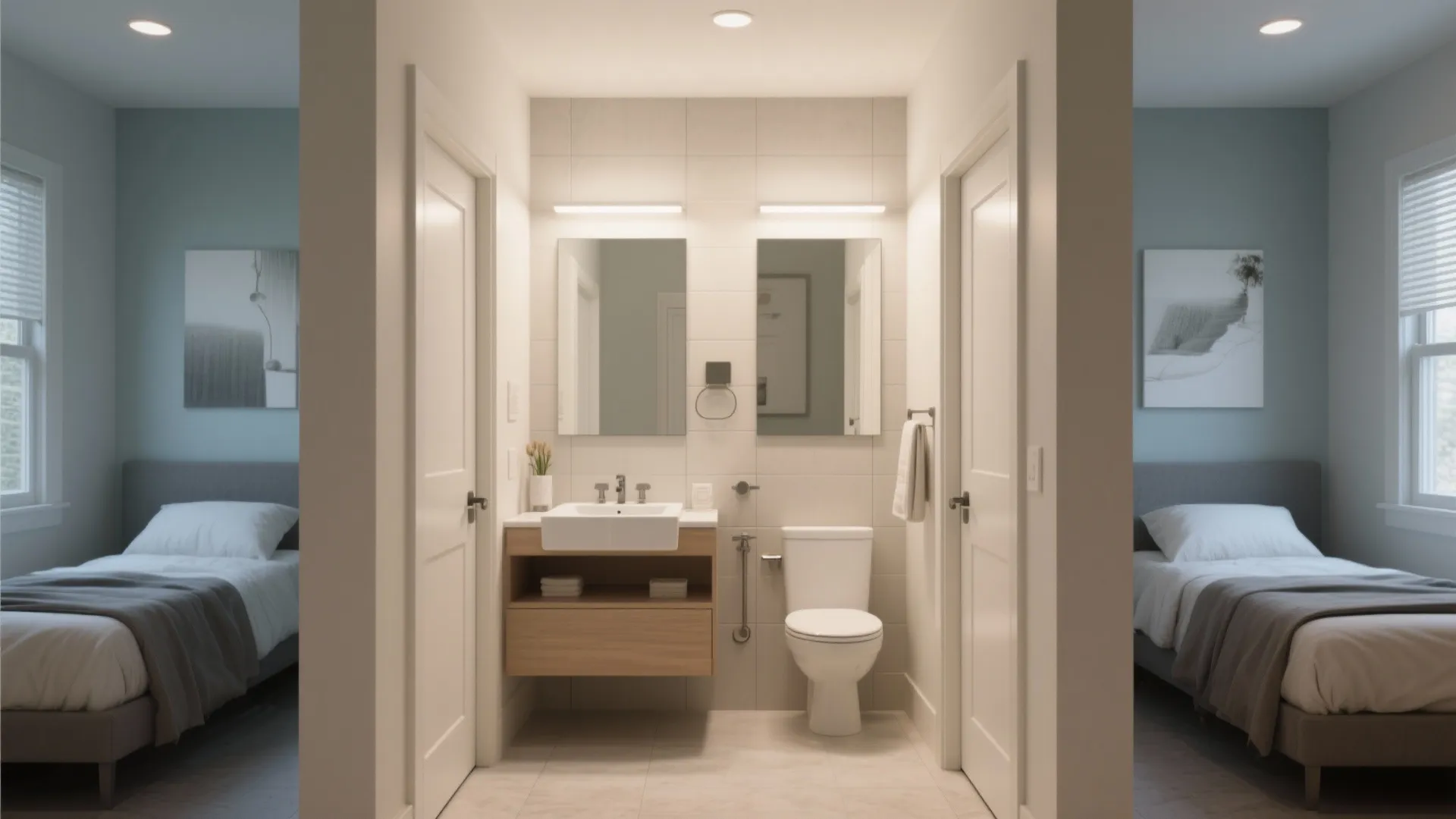 Jack-and-Jill bathroom with dual entrances, floating vanity, and neutral tile