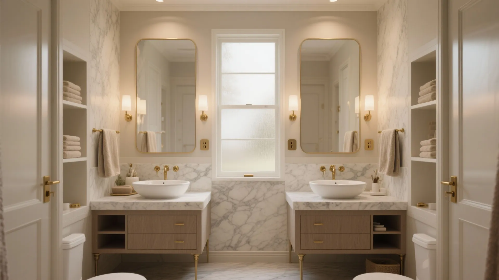 Luxurious Jack-and-Jill bathroom with dual vanities and divided storage for two occupants.