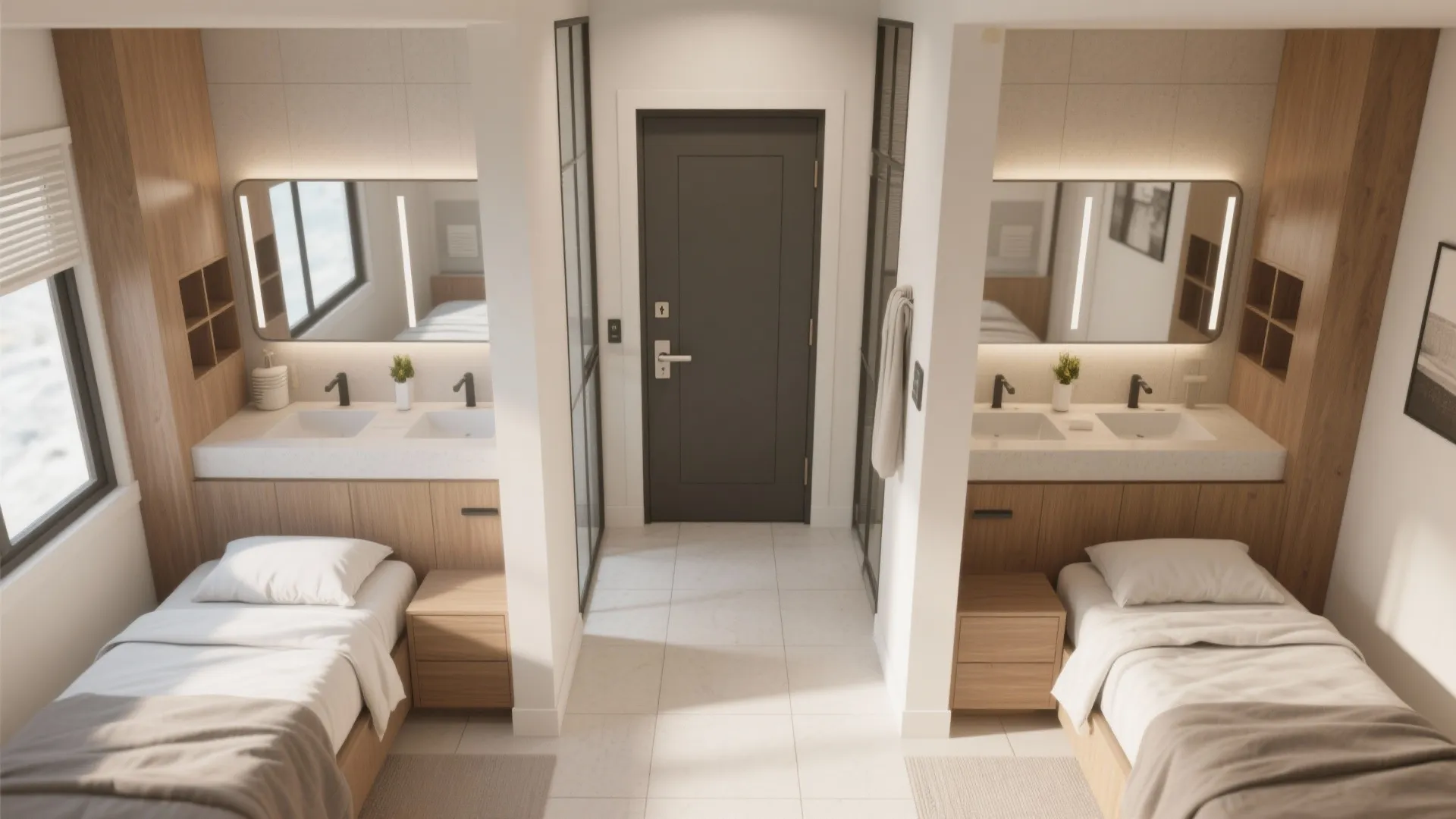Top-down view of a Jack-and-Jill bathroom layout with a locking door and dual vanities.