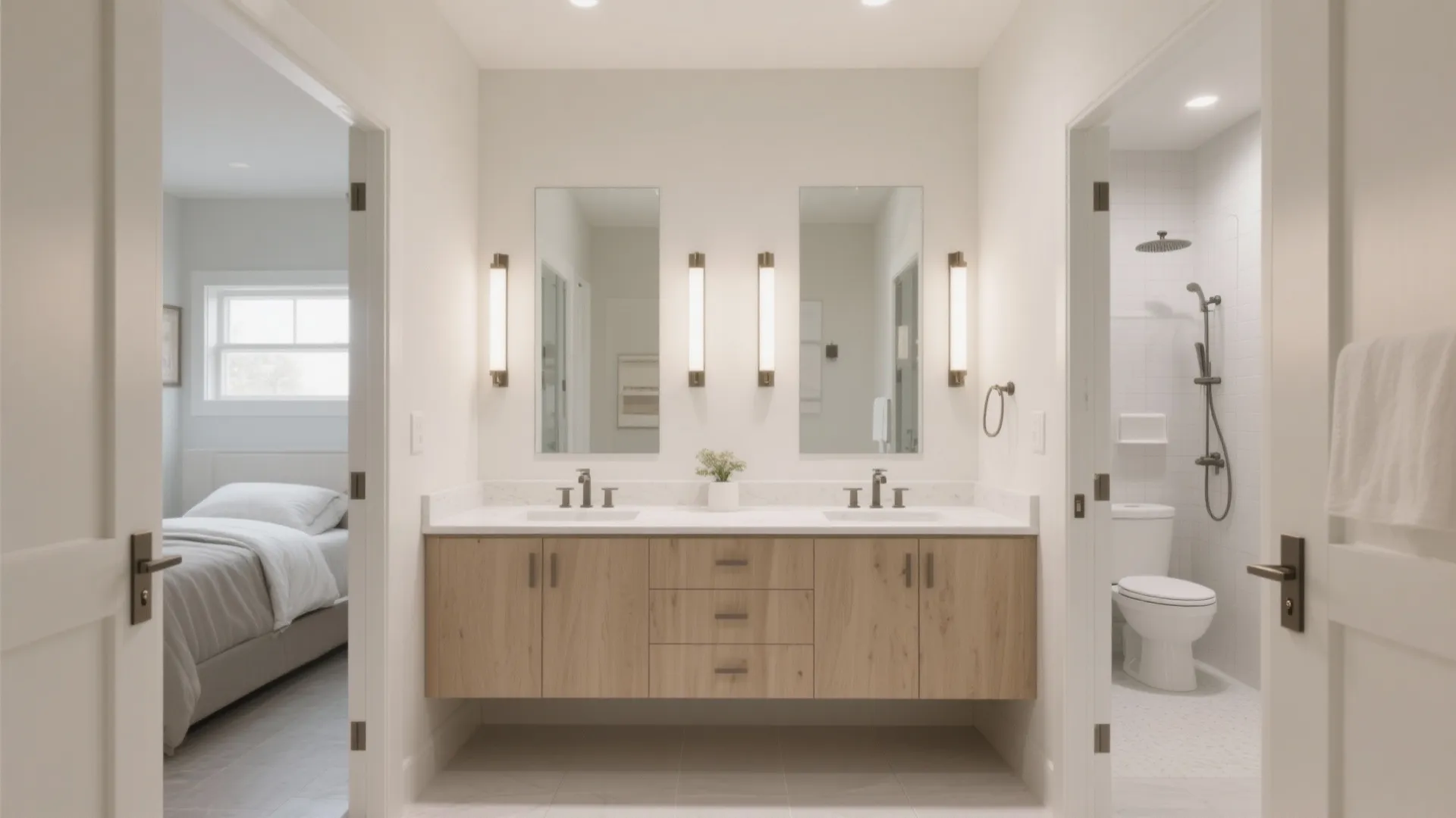 Double sink bathroom vanity with wooden cabinets mirrors and wall lights between bedroom and toilet area
