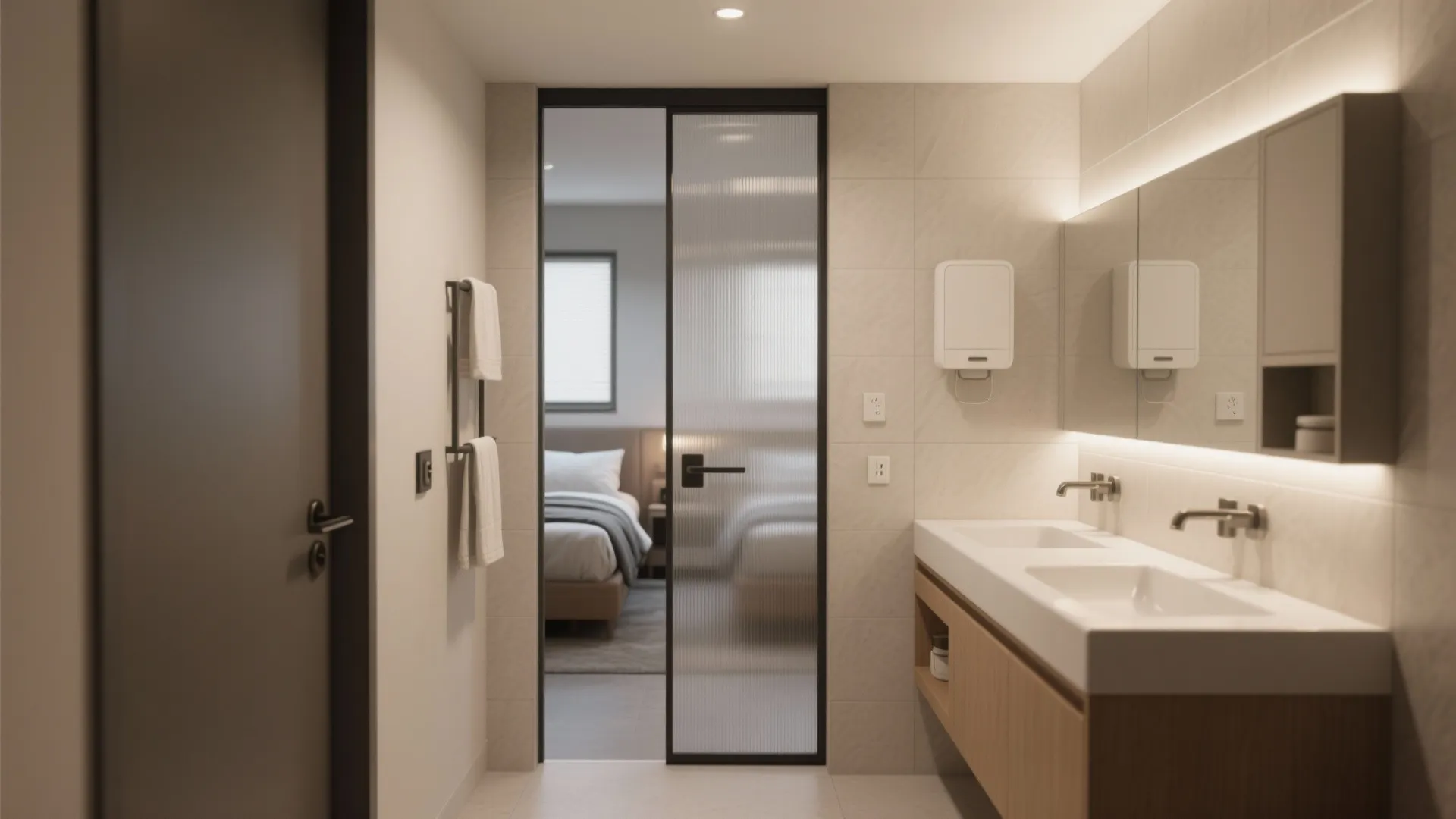 Modern bathroom with double sink vanity and a frosted glass door leading to the bedroom