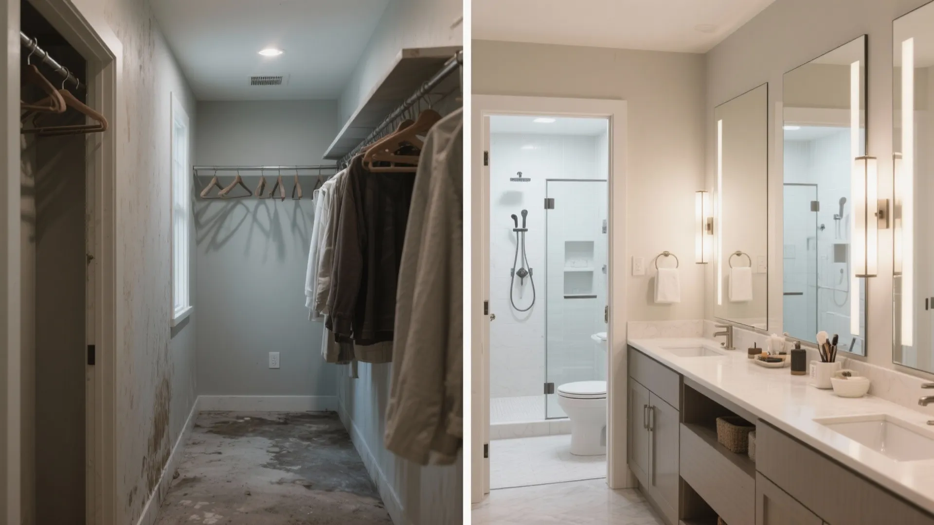 Before and after comparison of dark narrow closet versus bright modern bathroom with double sink vanity