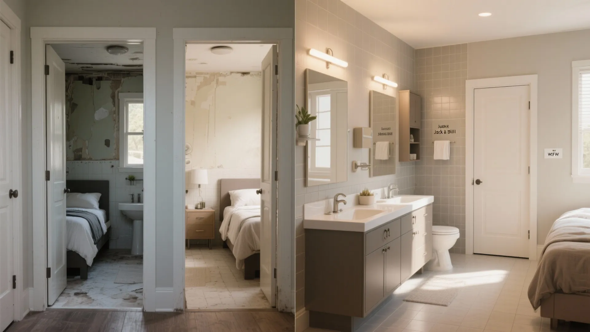 Before-and-after comparison of a messy bedroom versus a clean renovated bathroom with double vanity sinks