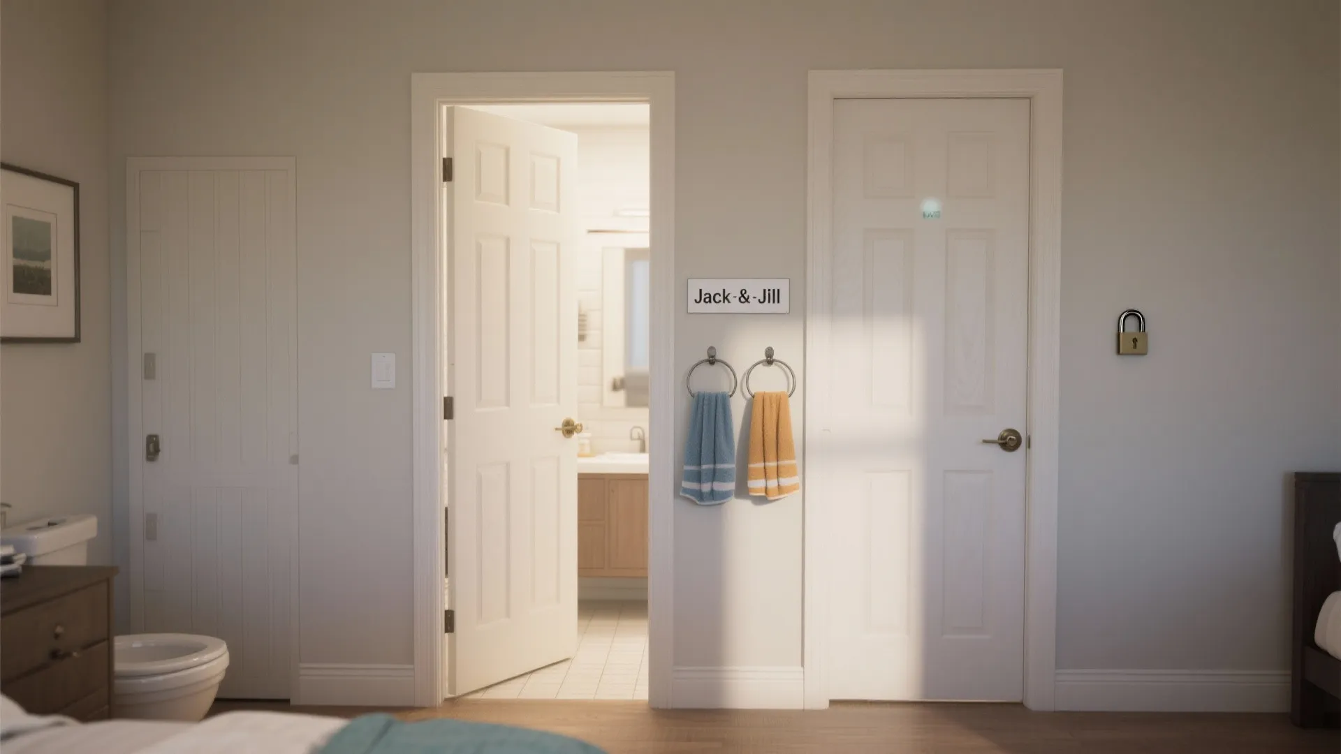 Shared Jack-and-Jill bathroom entrance between two bedrooms with separate access and personalized towels.