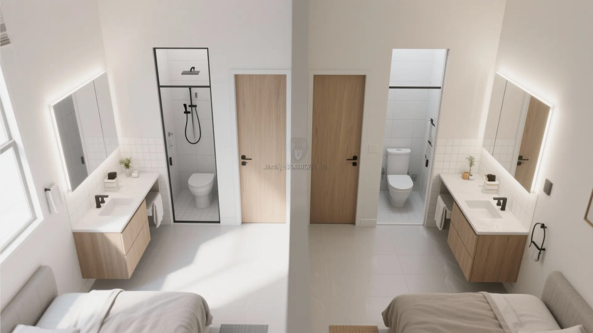 Split view of two identical bedrooms each featuring an ensuite bathroom with wood sink cabinet