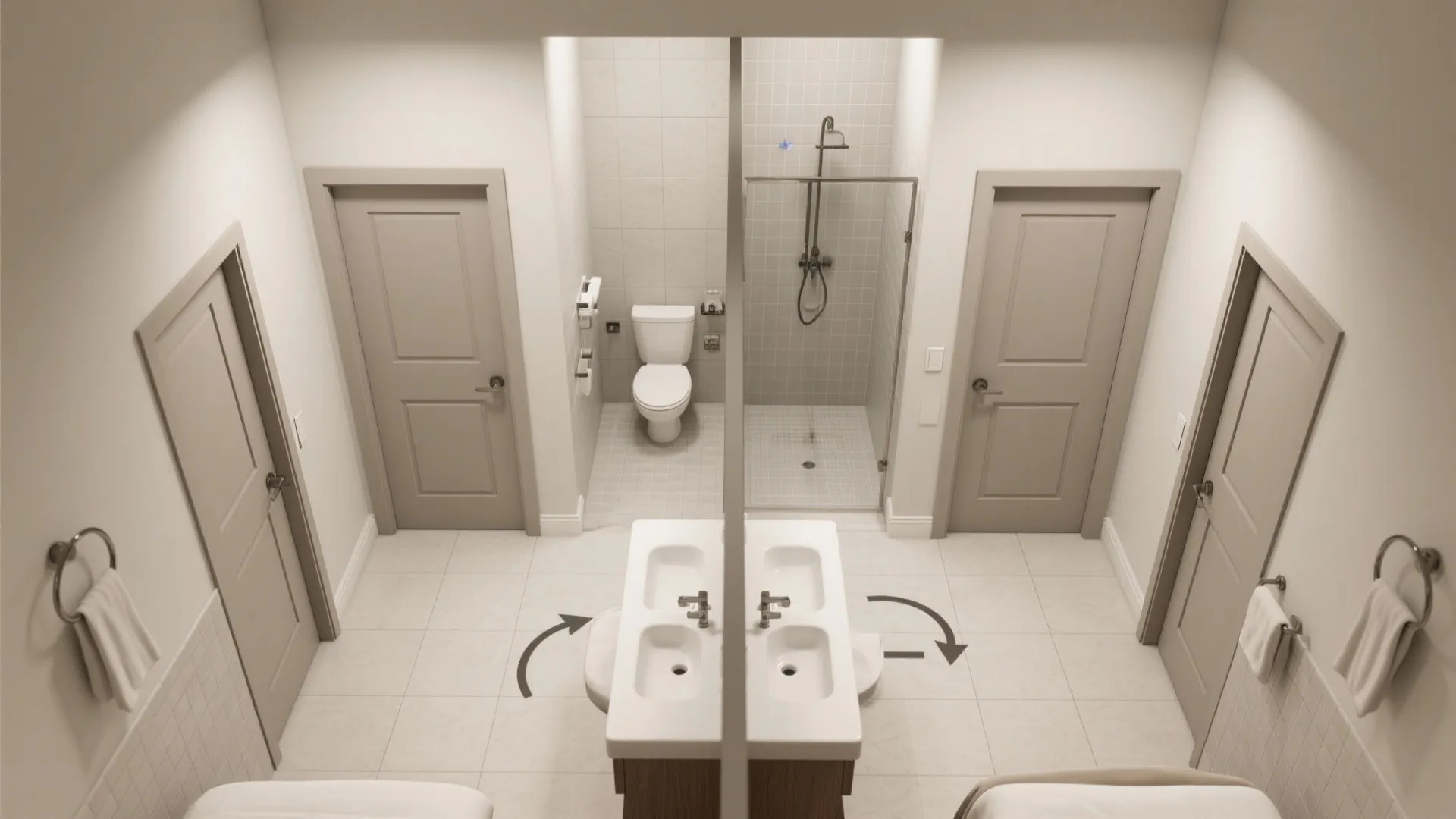 Top-down Jack-and-Jill bathroom layout with a discrete toilet vestibule and dual-entry doors.