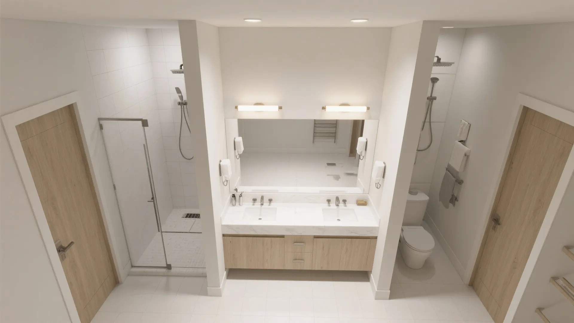 Modern bathroom with double sink cabinet toilet glass shower door and wood doors with white walls