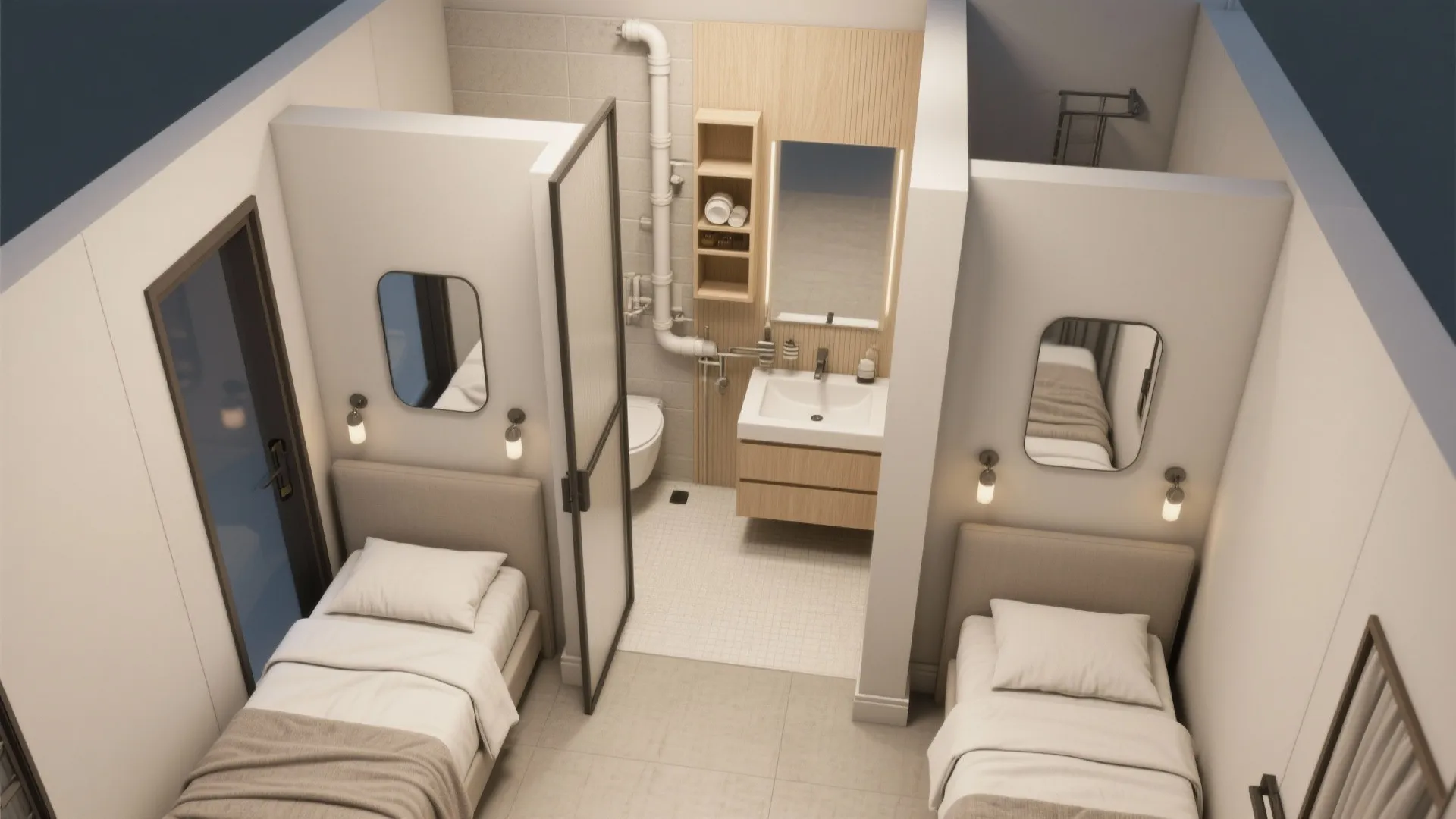 Top-down 3D view of a Jack-and-Jill bathroom with sliding partition and consolidated plumbing.