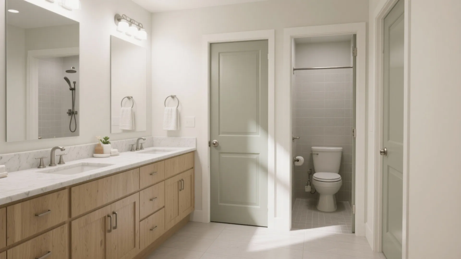 Spacious bathroom with long wooden cabinet two sinks green doors and a separate white toilet area