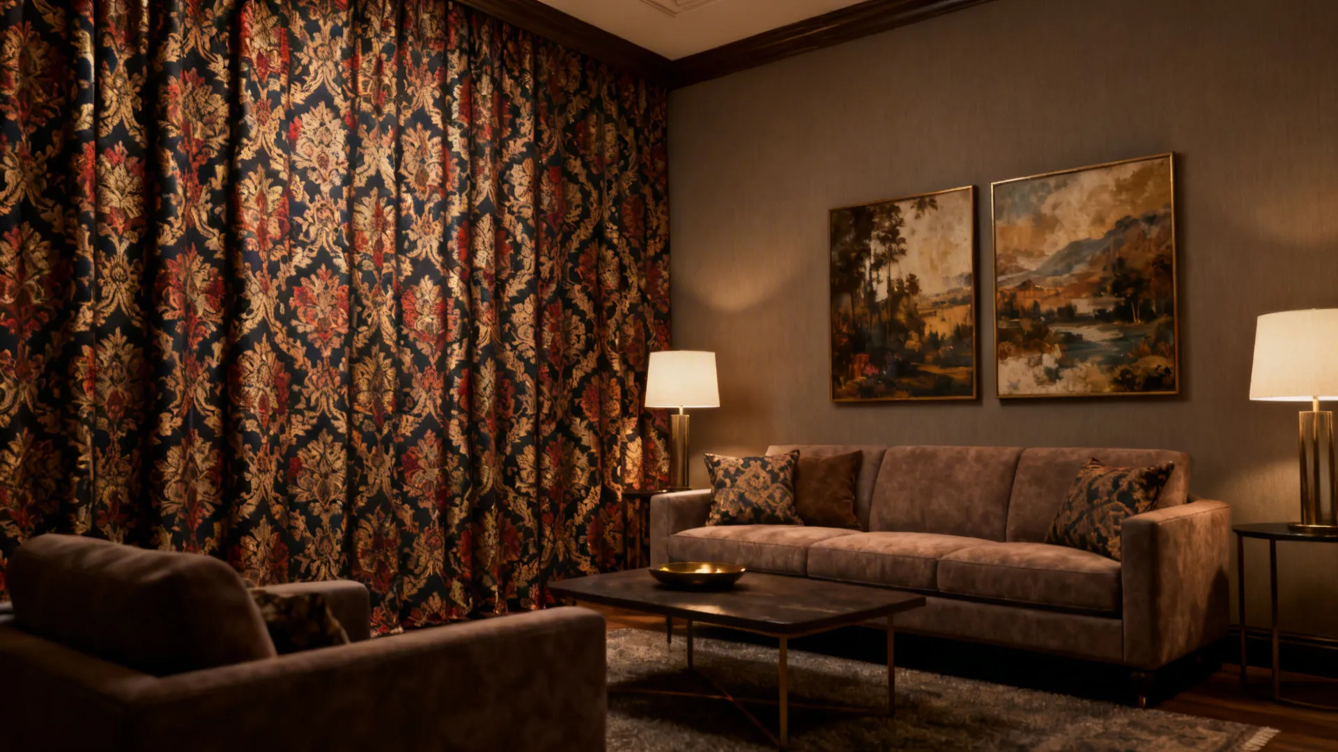 Living room featuring a bold patterned jacquard curtain used as a luxe accent wall with coordinated decor
