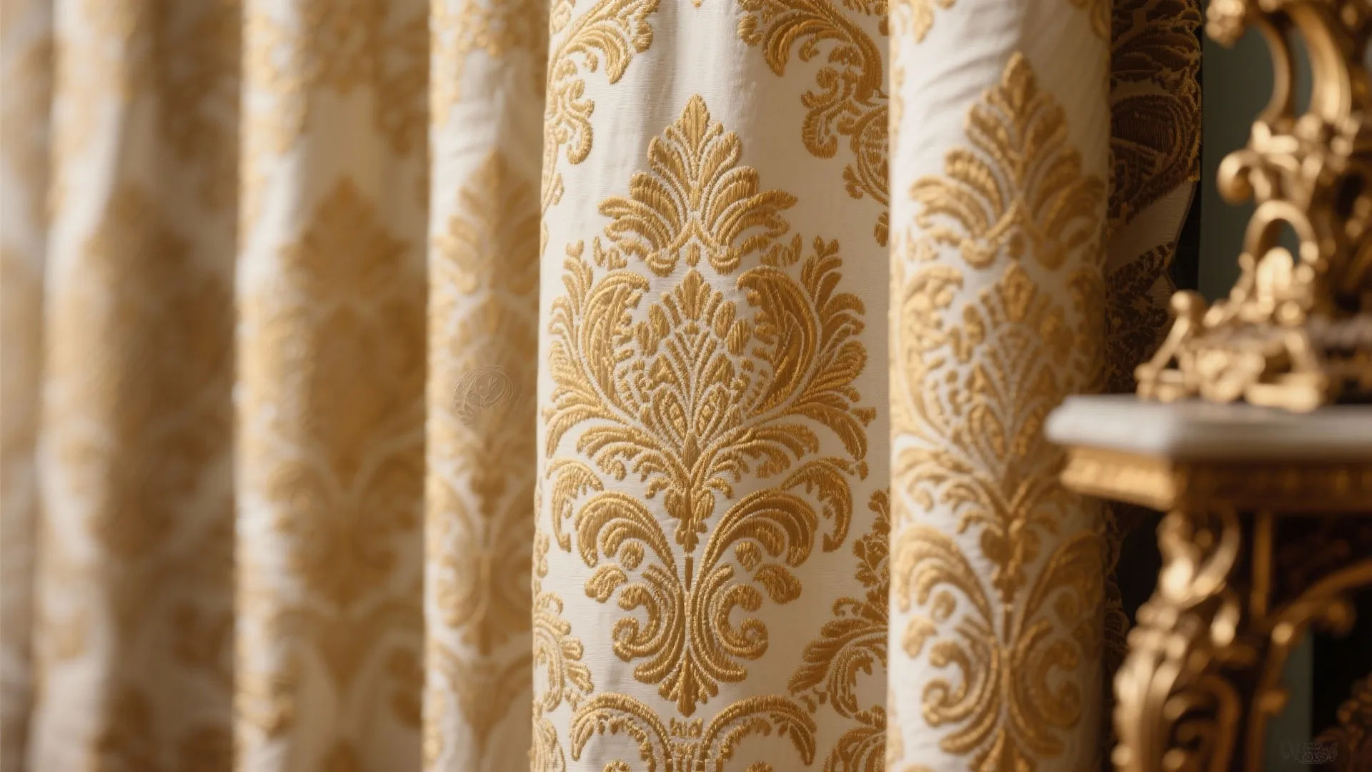 Close up of white curtain fabric with golden floral patterns for luxury interior home window design
