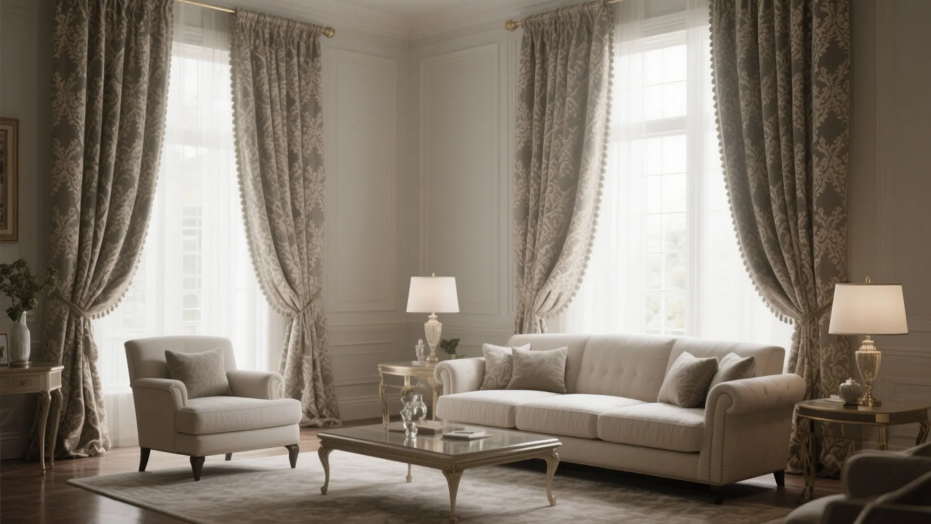 Muted patterned jacquard curtains adding subtle drama to a formal living room