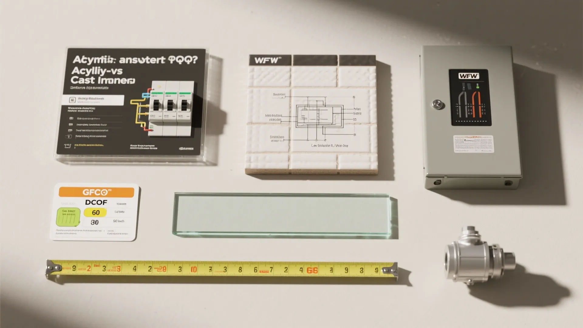 Flatlay of acrylic and cast iron samples, GFCI breaker, anti-slip tile, low-iron glass, and measuring tape.
