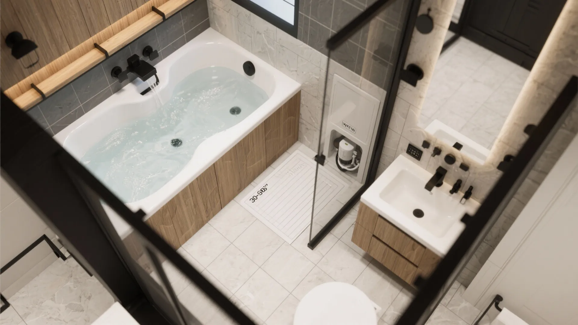 Modern bathroom with white bathtub wood paneling glass shower door sink and grey wall tiles