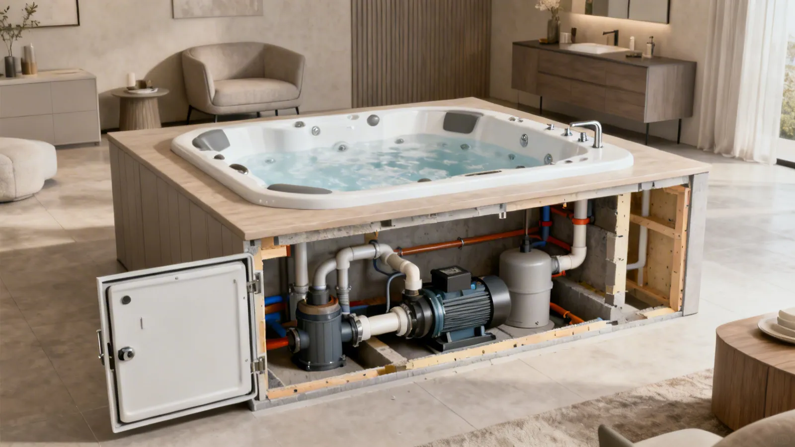 Jacuzzi tub pump access panel with visible maintenance area