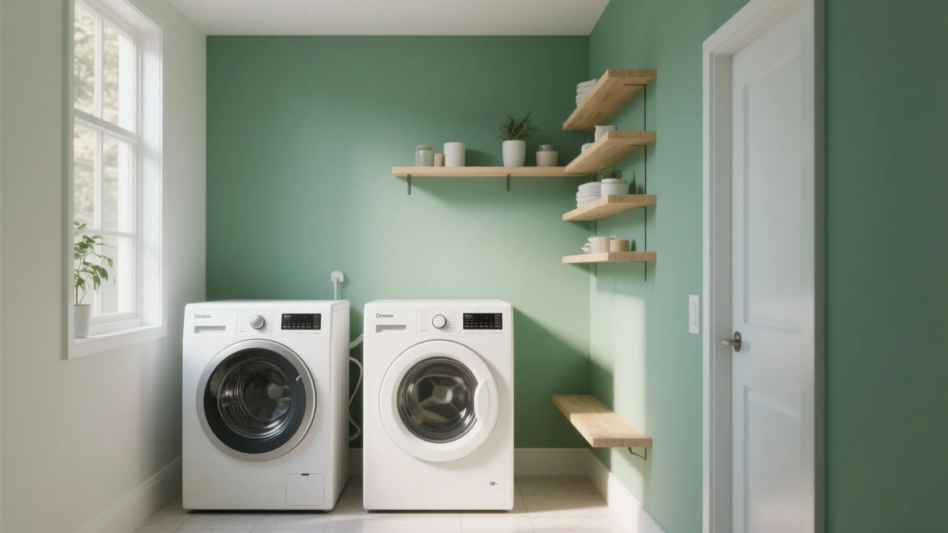 Minimalist laundry room featuring green walls two white washing machines wood shelves and a side window