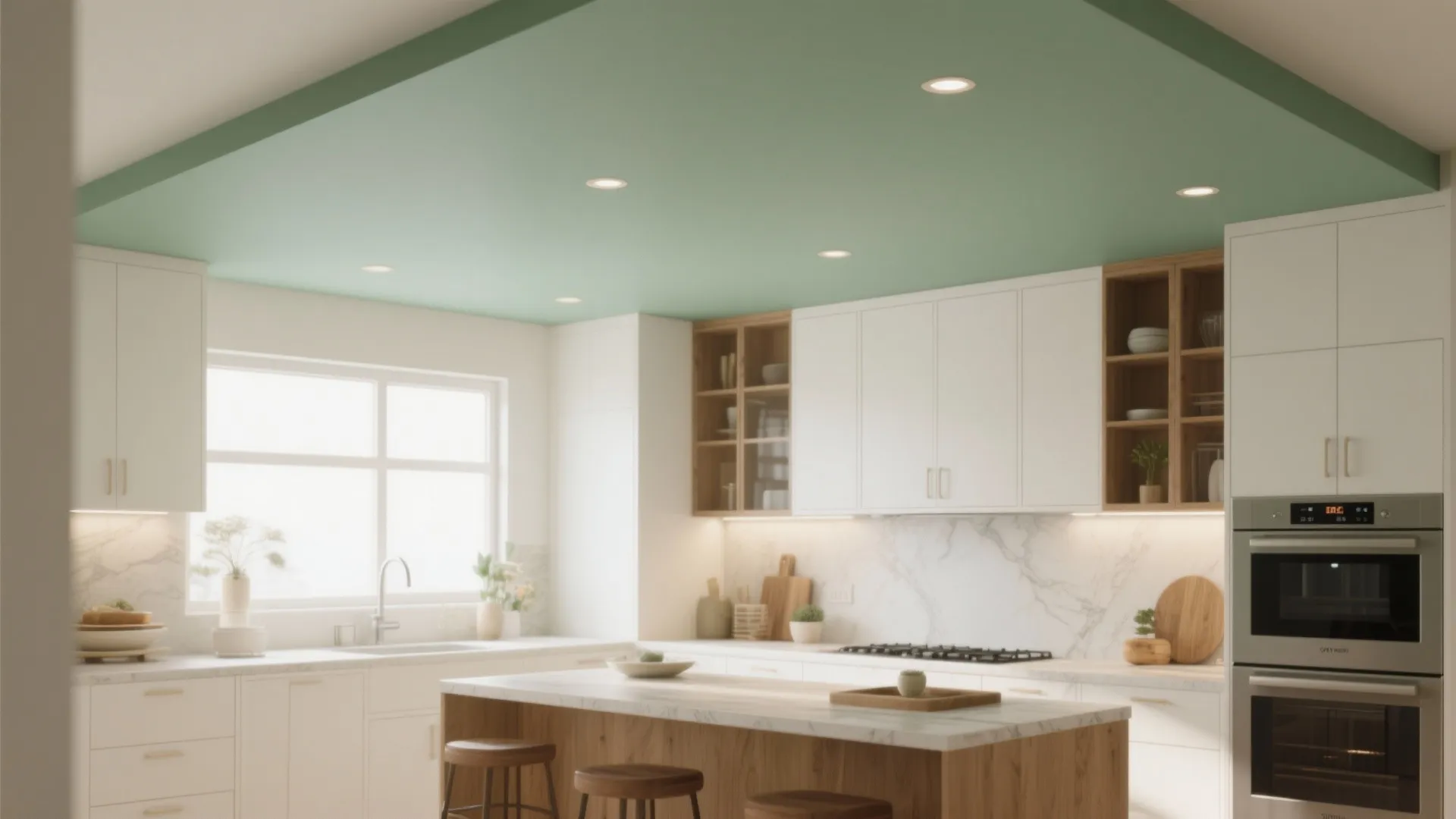 Modern white kitchen with green ceiling wooden island wooden stools marble backsplash and two ovens