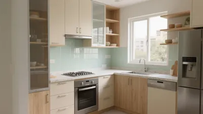 Modern L-Shaped Kitchen with Mint Tile Backsplash